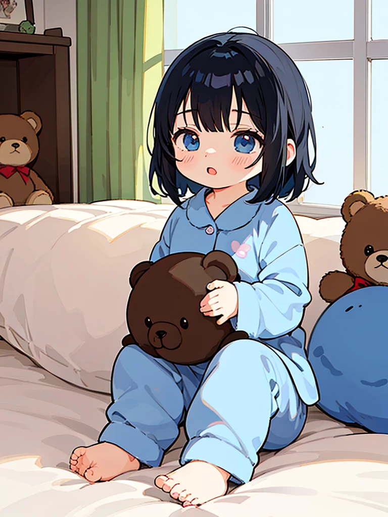 One , Open your mouth, Black Hair, Bob Hair, bangs, Sleepy, Character design drawings, anime, Ghibli-style colors, Gentle colors, Simple room、curtain、Sitting on the bed、Teddy bear、morning、Waking up、In pajamas、5 、