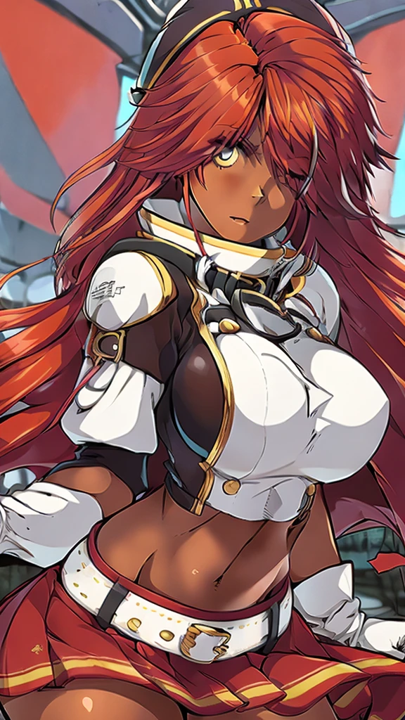 High detailed, anime, 1 girl, solo, Jamaica, red hair, Ebony skinned, expressive cream-colored eyes, busty, sattela's uniform, Juliet sleeves, skirt, Serious, round hips, holding chains