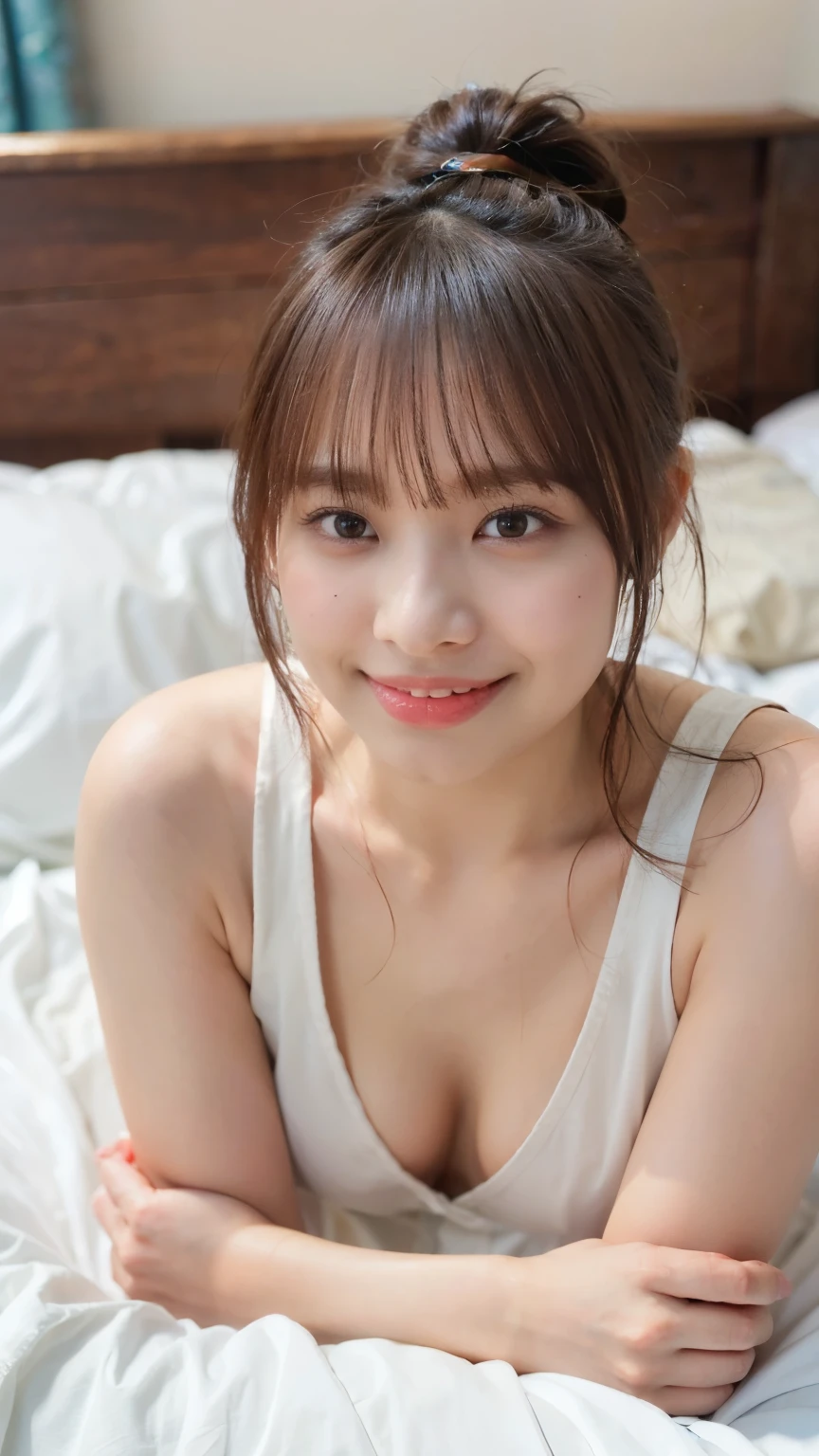 (8k、RAW Photos、Highest quality、masterpiece:1.2)、((naked、Nipples、whole body、Open your mouth wide、Squint your eyes、smile:1.5))、((pubic hair、Brighten facial skin、More eyelashes、Hair tied up:1.3))、(Realistic、Realistic)、1 girl、((Bathrobes、get up、After sexual、morning、morning日が差し込む、 Hotel Bedroom、Lying in bed、smile))、cute