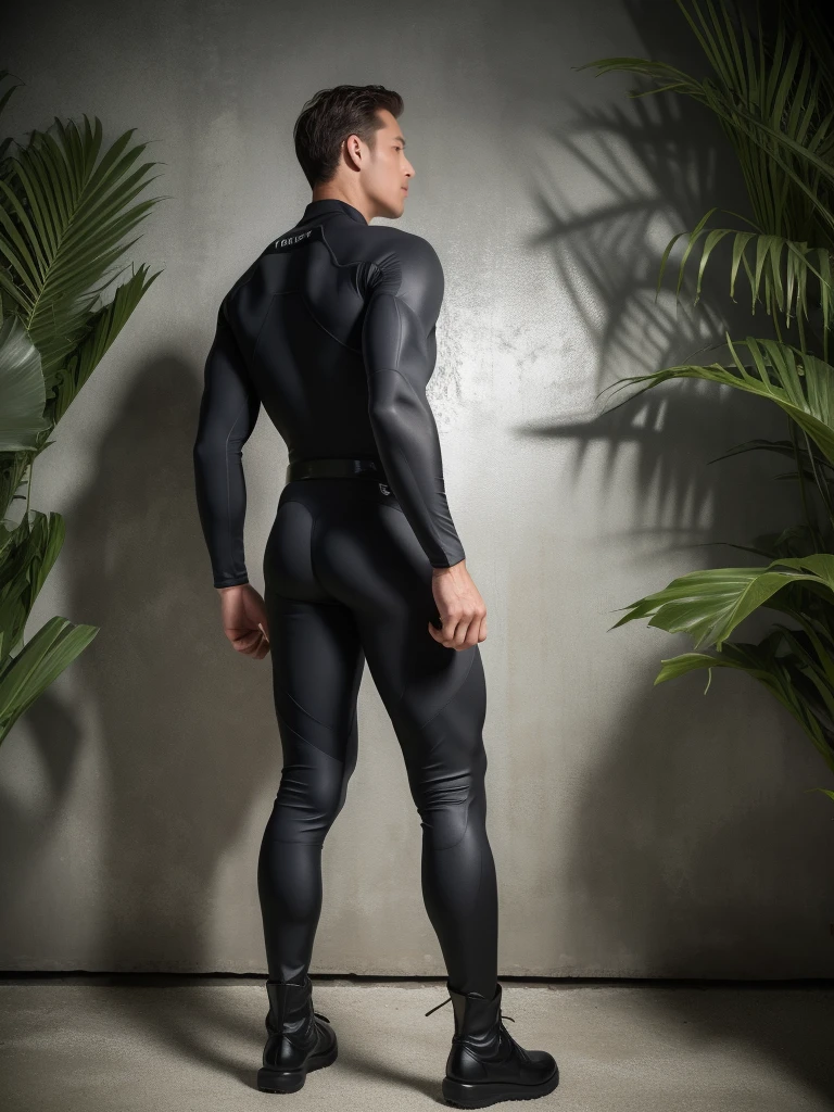 The back view of a particularly tall, giant, and muscular police officer.，Silver gray khaki camouflage wetsuit，He faced the wall and held it with both hands，Straight buttocks，role conception（Resident Evil - chris redfield，chris redfield）senior police officer，Wearing Silver gray khaki camouflage wetsuit，matte texture，regular symmetrical texture pattern，Standing in the dark sugar cane jungle, The body is wrapped in thick rattan，heroic male pose，Tall burly，muscular！Charming leg muscles，High, burly, Heqiang， Wearing Silver gray khaki camouflage wetsuit， Super gain and cool， high resolution committee， Big feet in silver gray boots，Charming strong man，The bright sunshine shines on you，Matte particles with shiny texture