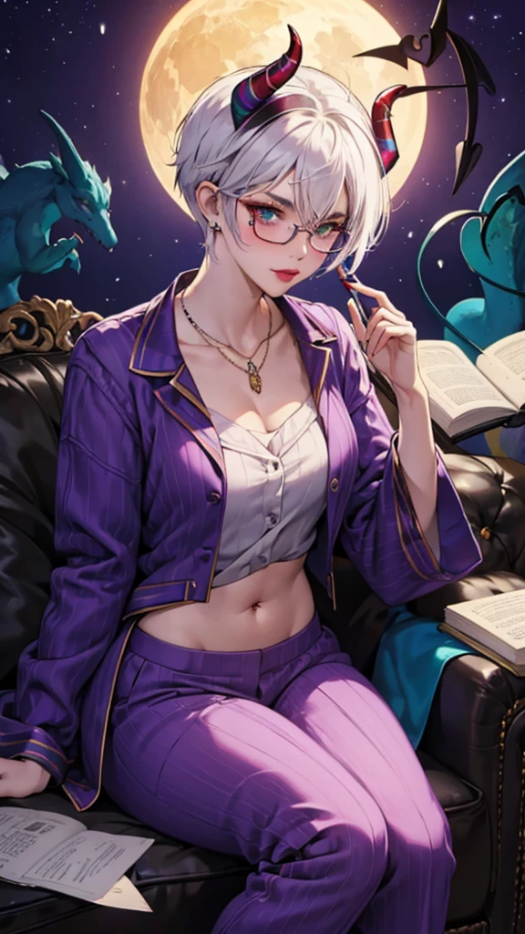 8k, masterpiece, best quality, highly detailed, 1 girl, tiefling, warlock, pixie cut, multicolored hair, very short straight hair green highlight hair on white hair, strippled hair, wearing glasses, round glasses, sexy, earrings, navel piercing, night gown, red eyeshadow, long eyelashes, blushed cheek, red lips, necklace, rings, collarbone, mole on face, glamorous, teal clothing, purple clothes, smirk, close up view, rings, looking at viewer, demon horns, solo, bedroom, blue pale moon, lying on bed, holding devil books