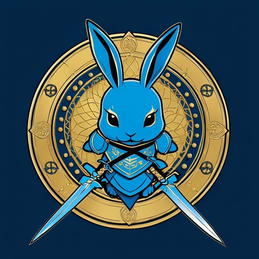 「strength『Scorpio Rabbit』のstrength章を作成してください。strength章には以下の要素が含まれることを希望します:
- A rabbit base with a touch of scorpion element - (Cute deformed design:1.6)
- Incorporating some elements of crossed swords and shields - Simple design - Gold and blue tones in the background symbolize determination and unity in the fight」