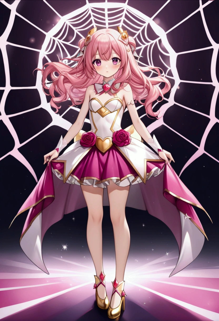 Create an anime-style girl with (((deep magenta eyes and long, wavy pink hair))) ((styled in an elegant frenchbraid)). (((She is slender, and with small breasts))). ((Ensure a full-body shot of her)) wearing a (((pink, gold, and rose gold color magical girl-themed outfit.))) ((The outfit features a spider and spider web theme.)) The overall look is regal and ethereal, with magical glowing effects. cutesexy, purinpuon pixiv, no future, a hyperrealistic , hyperrealistic , realistic , seductive (anime girl), smooth anime cg art, beautiful alluring anime , (purinpuon pixiv), ((magical girl)), (masterpiece), best quality, expressive eyes, perfect face ((Highest quality))、((8K))、(((8k wallpaper))) ((Full Body Shot: 1.5))、ultra detailed, masterpiece, best quality, solo ((purinpuon pixiv, no future)) (((purinpuon pixiv, no future)))
