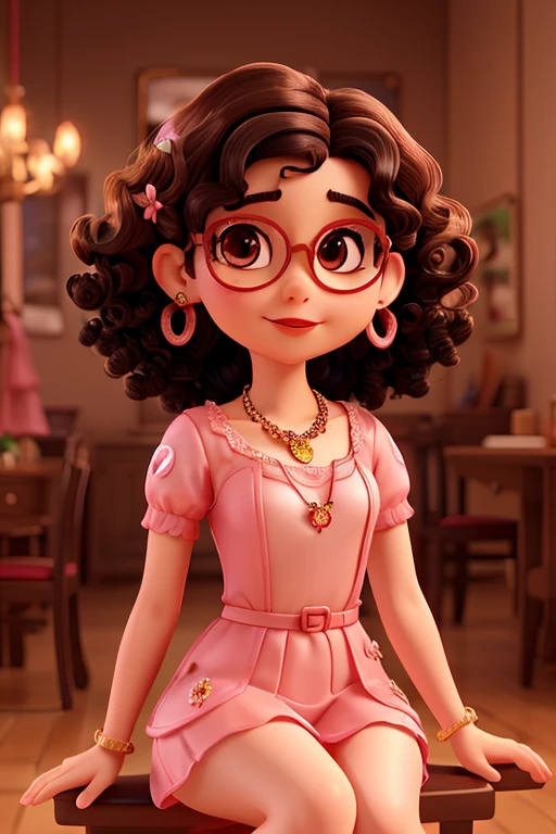 A beautiful character with small round transparent glasses, well made-up with red lipstick, brown eyes, short curly black hair, earrings, a necklace, a pink lace outfit, high heels, sitting in a. A flowery square chair in a beautiful place with an ice cream in your hands