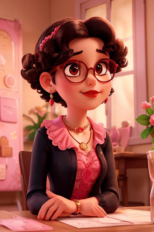 A beautiful character with small round transparent glasses, well made-up with red lipstick, brown eyes, short curly black hair, earrings, a necklace, a pink lace outfit, high heels, sitting in a. A flowery square chair in a beautiful place with an ice cream in your hands