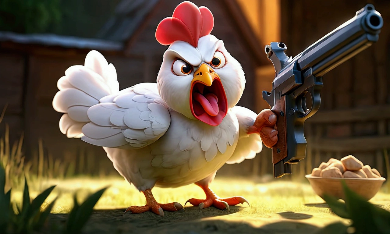 an angry hen with a pistol in her hand, hen has human-style hand but they are look like then hen skin, the environment is a farm, enemies are surrounded the hen and donkey and ping, enemies are hens and cats.