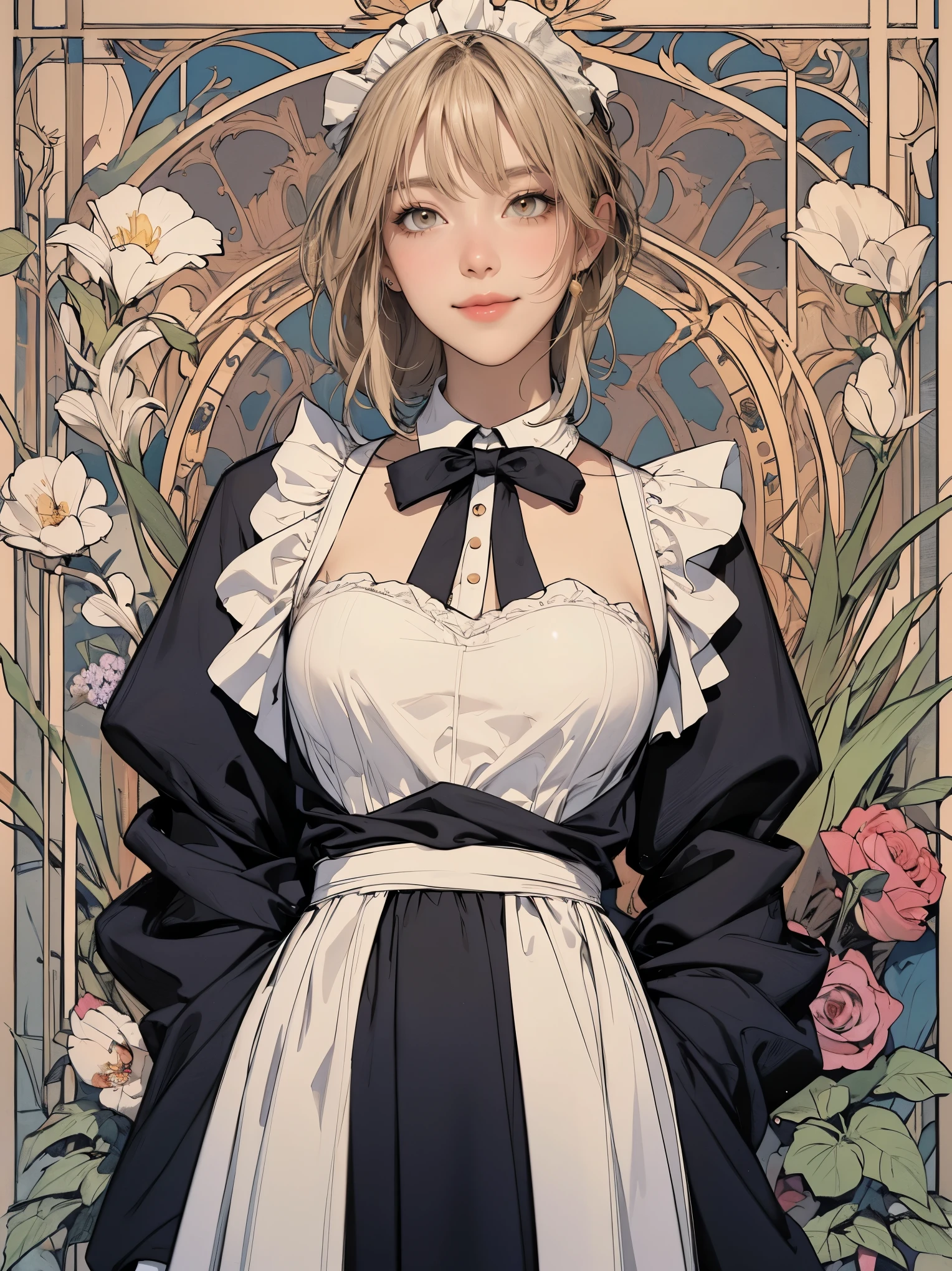 (masterpiece:1.1),(super realistic:1.0)(extremely detailed, intricate details, highres,2.5d:1.1),(violet_evergarden:1.29),best quality, The overall image quality is of the highest standard, The colors are vivid and vibrant, creating a visually stunning piece of artwork. The art style is a mix of illustrations and photorealistic elements, combining the beauty of fantasy with the realism of the world., The color palette is rich and diverse, with a range of hues that emphasize the vibrant and lively nature of the scene. 1girl, (full_body), beautiful woman,short bobcut, makeup, large breasts, mascara, BREAK (bowtie), (Detailed Maid:1.4),crepe_fabric_Detailed_Clothes,puffies_long_Detailed_sleeves, soft shadow to face, BREAK (background is pale tone:1.2), (background is beautiful gorgeous garden), (lot of flower), Create a luxurious atmosphere, organic shape and Nature-inspired garden, BREAK (Art Nouveau:1.4), elegant frame,  flowing lines, organic shape, complex pattern, (Decorative flat insect design, elegant forms, Natural Inspiration),