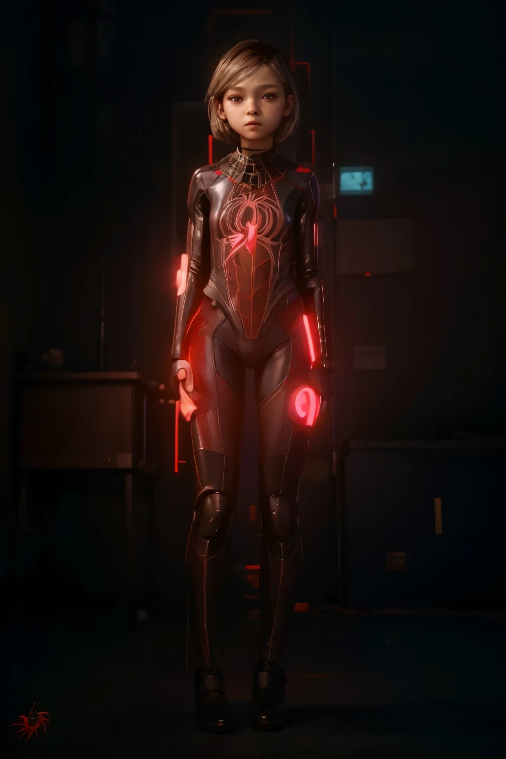 appearence a 13 years old teenage girl,calm,quiet,cute,pretty,full body,looking ahead,short hair combed back,,spider verse suit,serious look,cyberpunk background 