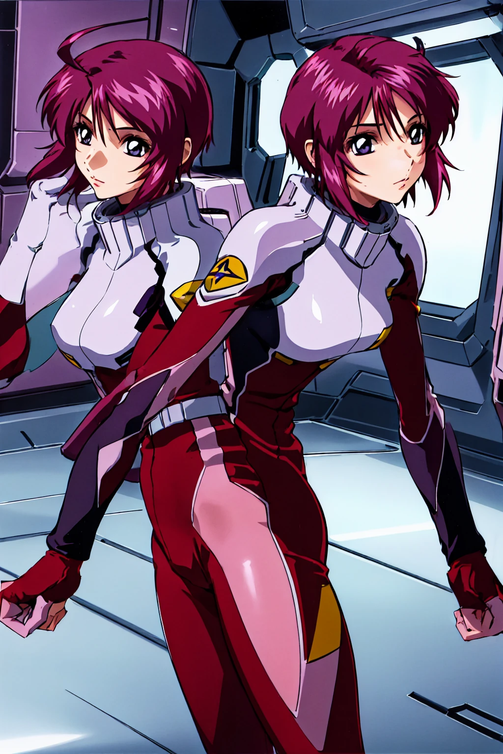 masterpiece, Highest quality, High resolution, One girl, alone, short hair, Ahoge, Redhead, Purple eyes, Purple Hair, Pilot Suit, gloves, Cowboy Shot, Are standing, Spaceship, indoor