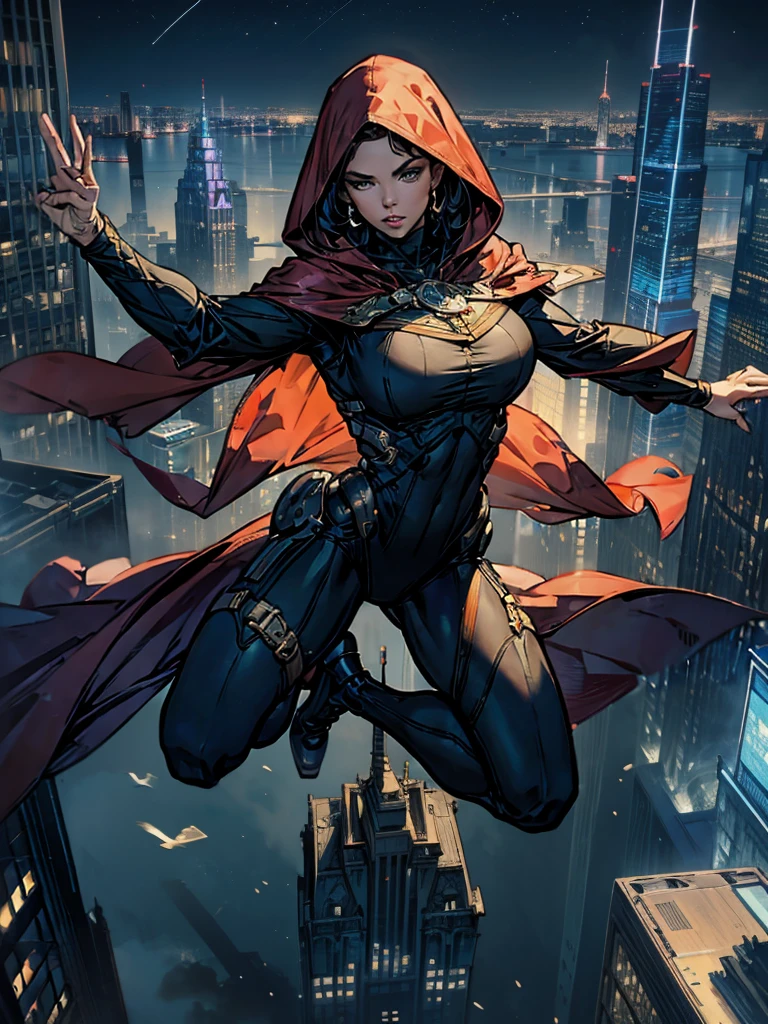 ((masterpiece,highest quality,8K,Super detailed,high resolution,High resolution)),(1 girl),(Heroine wearing an American comic style body suit:1.3),(wearing a cloak:1.3),whole body, floating softly in the air, (floating higher than the building:1.5),(From above),(The background is a city of skyscrapers at night seen from above.:1.5),looking at me,(big breasts:1.1),Thick thighs 1.1),(muscular:1.1),(Flying Pose:1.5)