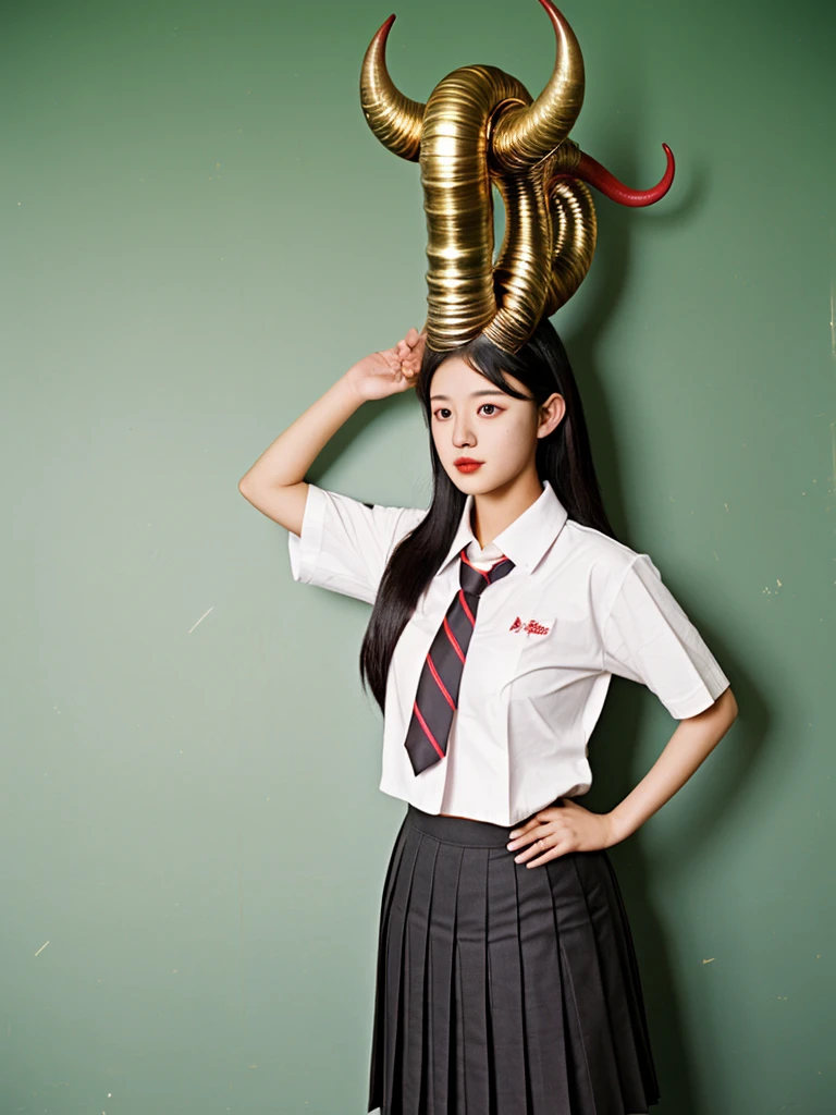 1female naga,realistic,horn on head,shirt,pleated skirt,school