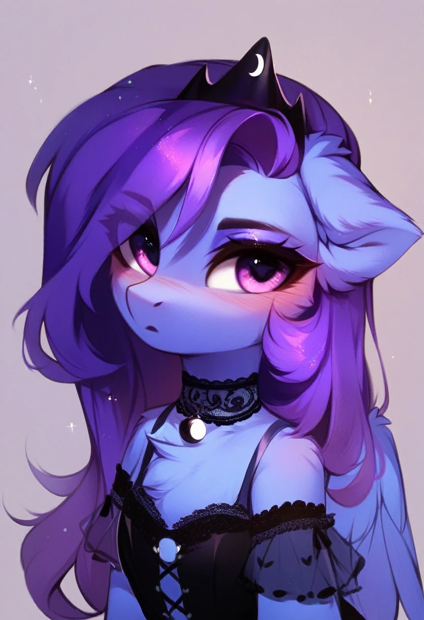 check_9, check_8_up, check_7_up, source_fluffy, rating_safe, from Magnaluna, Luna poses seductively in a gothic bedroom, antro, blushing, blue body, purple mane, black lingerie skirt