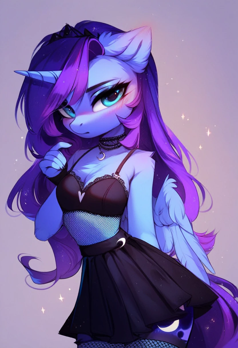 check_9, check_8_up, check_7_up, source_fluffy, rating_safe, from Magnaluna, Luna poses seductively in a gothic bedroom, antro, blushing, blue body, purple mane, black lingerie skirt
