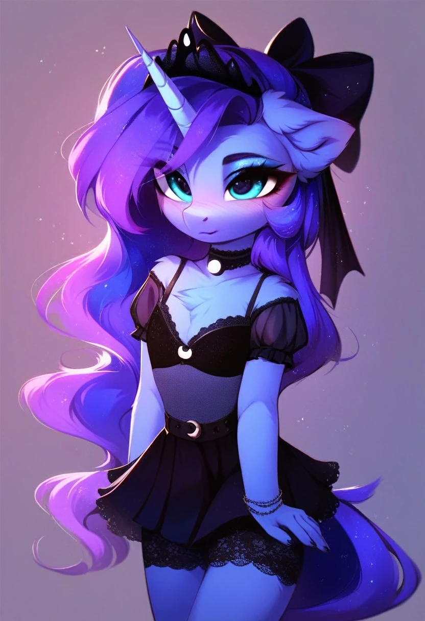 check_9, check_8_up, check_7_up, source_fluffy, rating_safe, from Magnaluna, Luna poses seductively in a gothic bedroom, antro, blushing, blue body, purple mane, black lingerie skirt