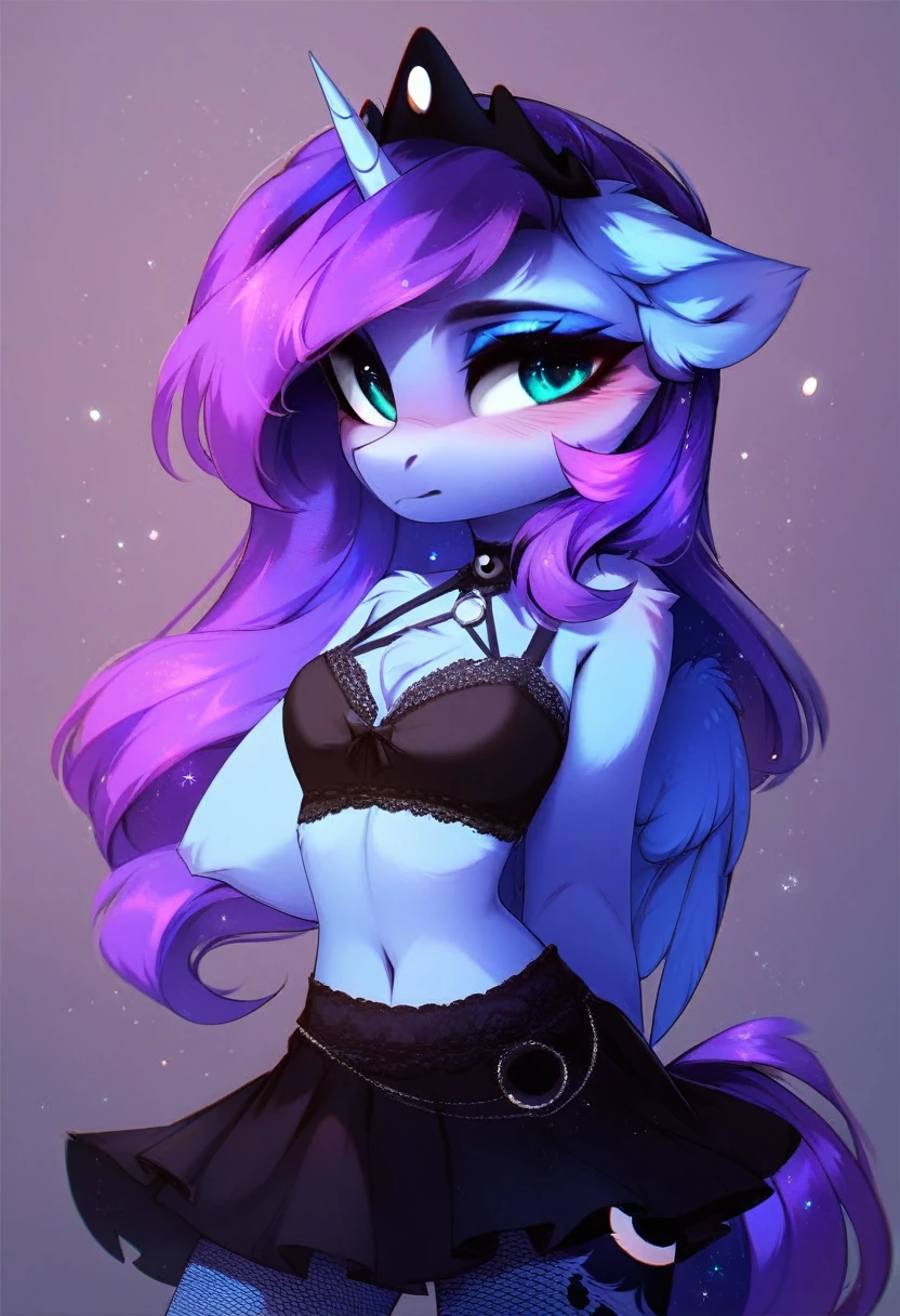 check_9, check_8_up, check_7_up, source_fluffy, rating_safe, from Magnaluna, Luna poses seductively in a gothic bedroom, antro, blushing, blue body, purple mane, black lingerie skirt