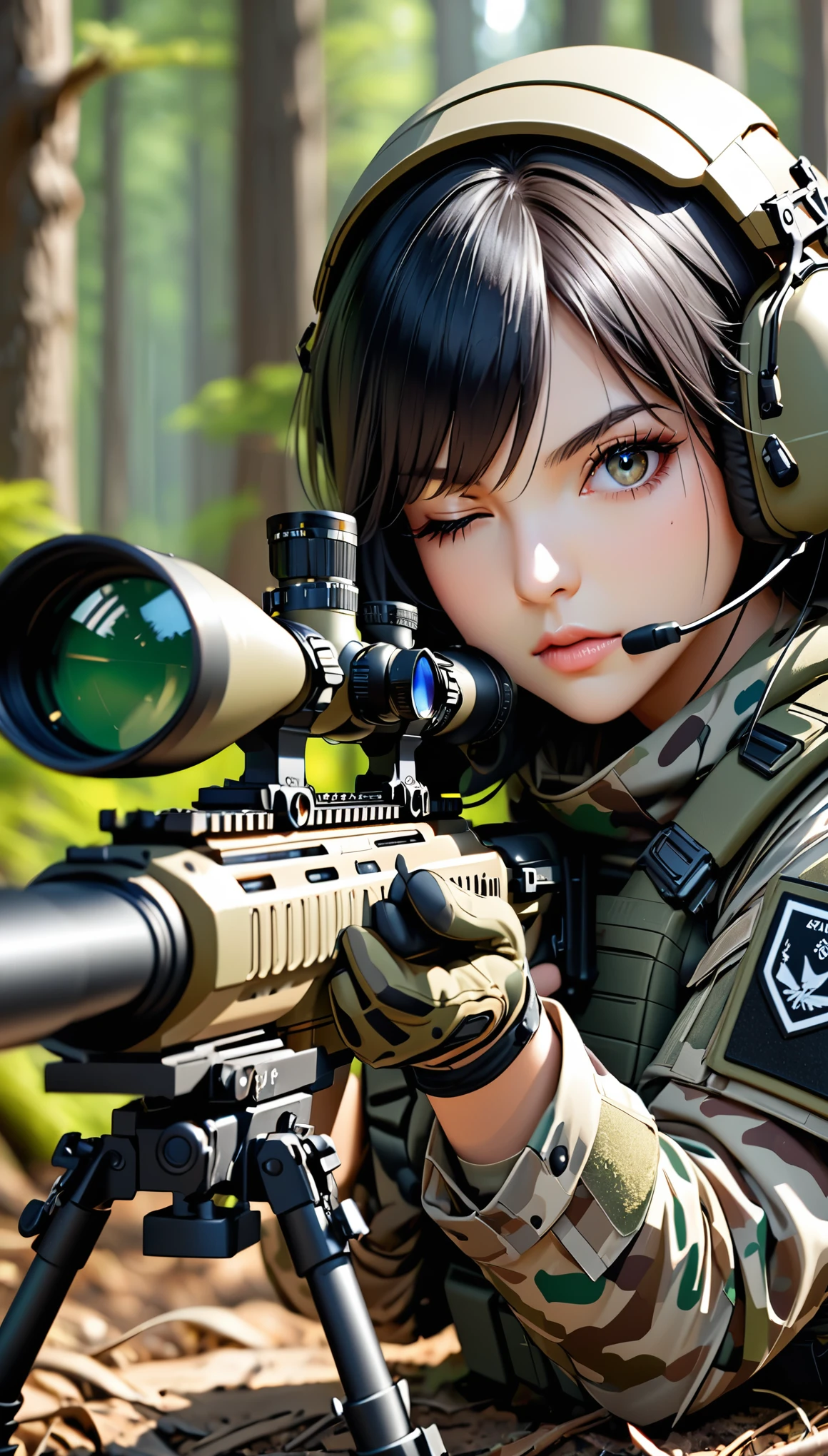 (masterpiece),(Highest quality),(High resolution),(Very detailed),8k,壁紙一人のwoman,woman,Japanese,Black Hair,Short Bob,(Beautiful Eyes,Long eyelashes,Beautiful Hair,Beautiful Skin),Serious,BREAK(((aim at something with a sniper rifle:1.5))),((Look through the scope and take aim:1.5))((lie down:1.5)),((Close one eye:1.5)),((Sniper Rifle)),army camouflage uniform,Bulletproof vest, Combat Boots,Tactical Forster,Tactical Headset,Tactical Helmet,Gloves,(The background is a dense forest),(((Background Blur)))
