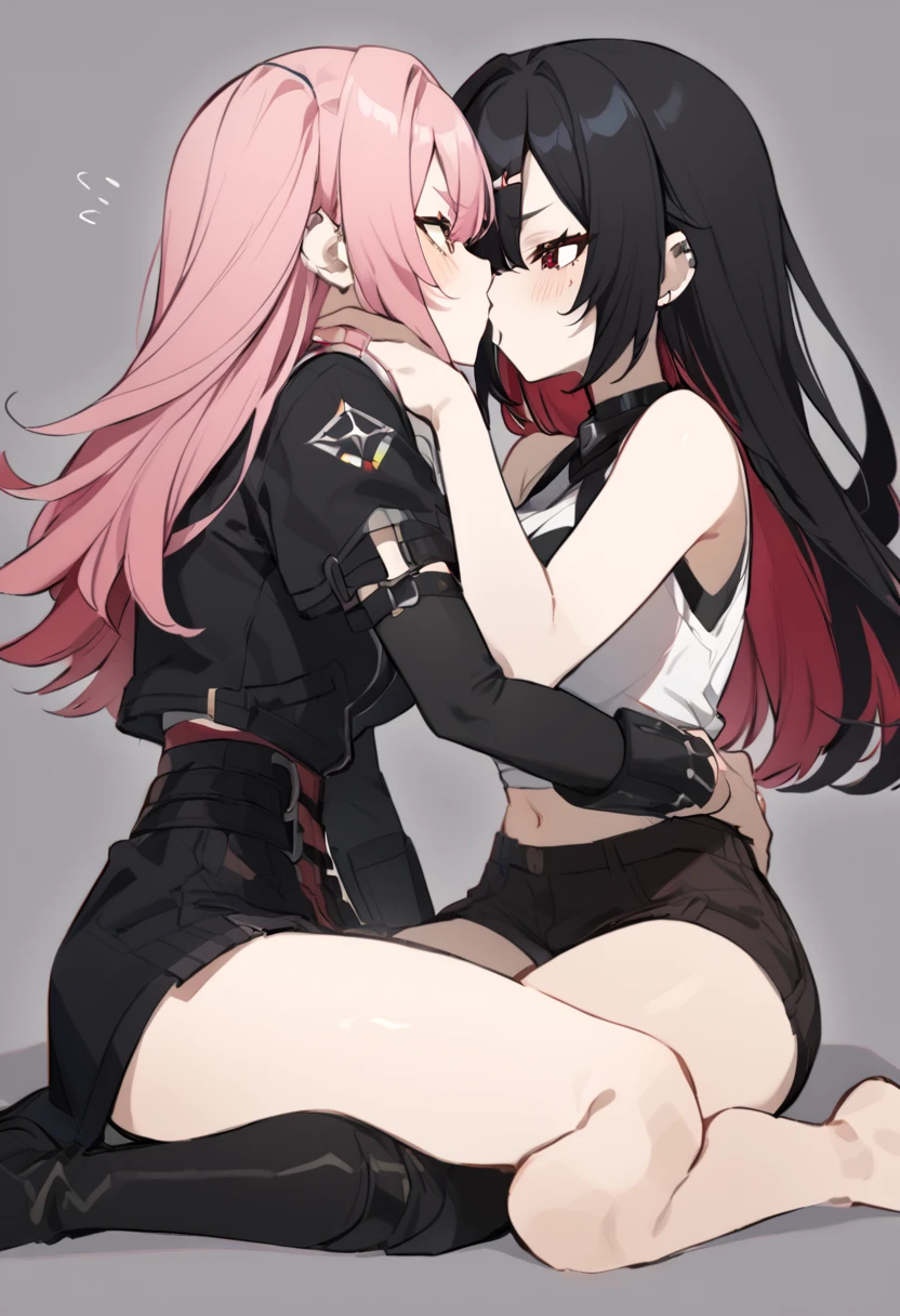 two woman one with pink hair and another with black red hair
