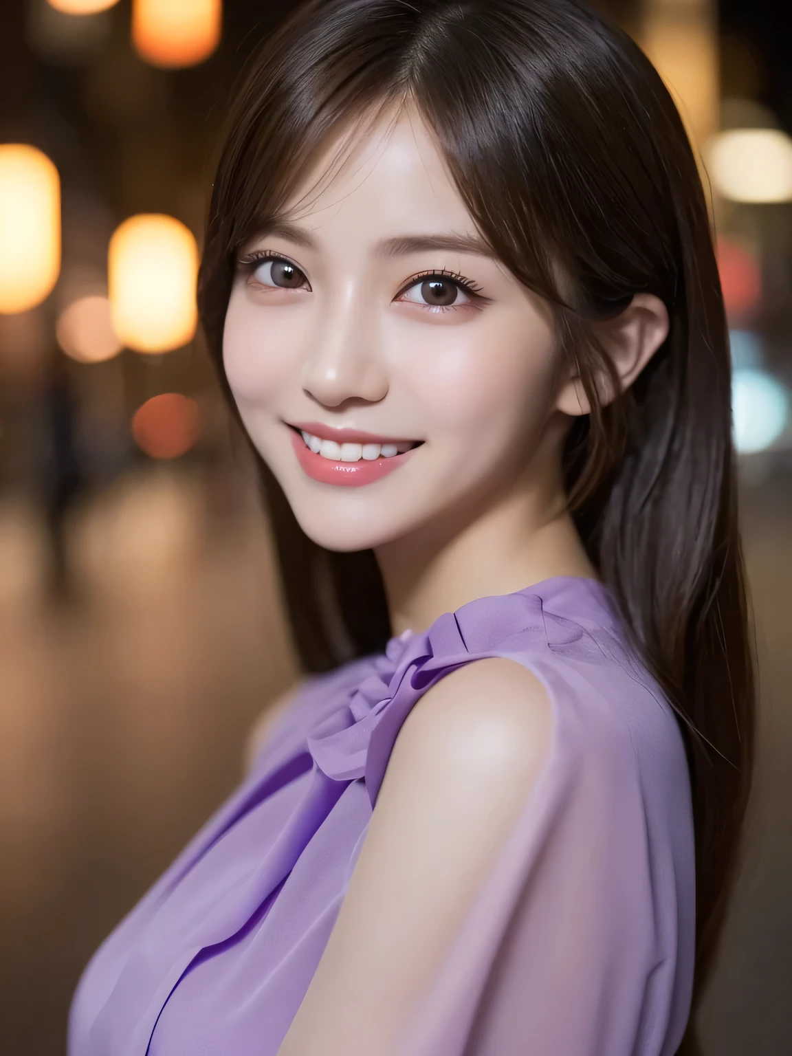 1girl in, (Wearing a purple blouse:1.2), (Raw photo, Best Quality), (Realistic, Photorealsitic:1.4), masterpiece, Extremely delicate and beautiful, Extremely detailed, 2k wallpaper, amazing, finely detail, the Extremely Detailed CG Unity 8K Wallpapers, Ultra-detailed, hight resolution, Soft light, Beautiful detailed girl, extremely detailed eye and face, beautiful detailed nose, Beautiful detailed eyes, Cinematic lighting, city light at night, Perfect Anatomy, Slender body, Smiling, Random body orientation,