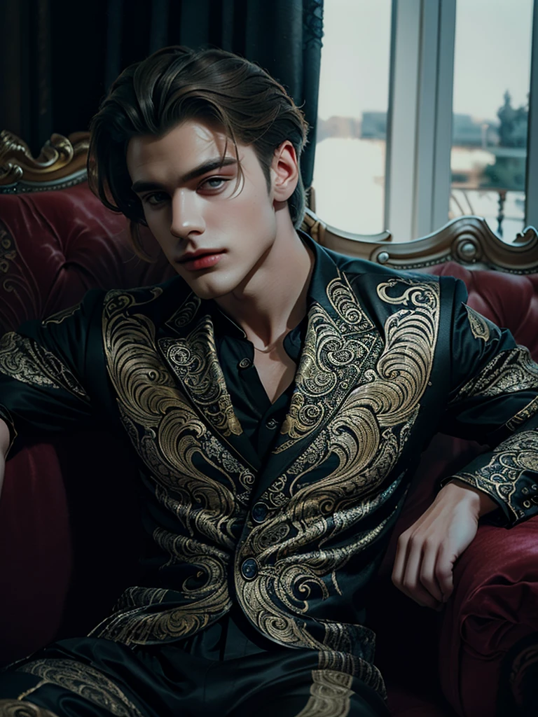 A handsome man with stylish hair and fashionable style costums, sitting on a sofa with elegant, high quakity, intricated detailed, ultra HD res