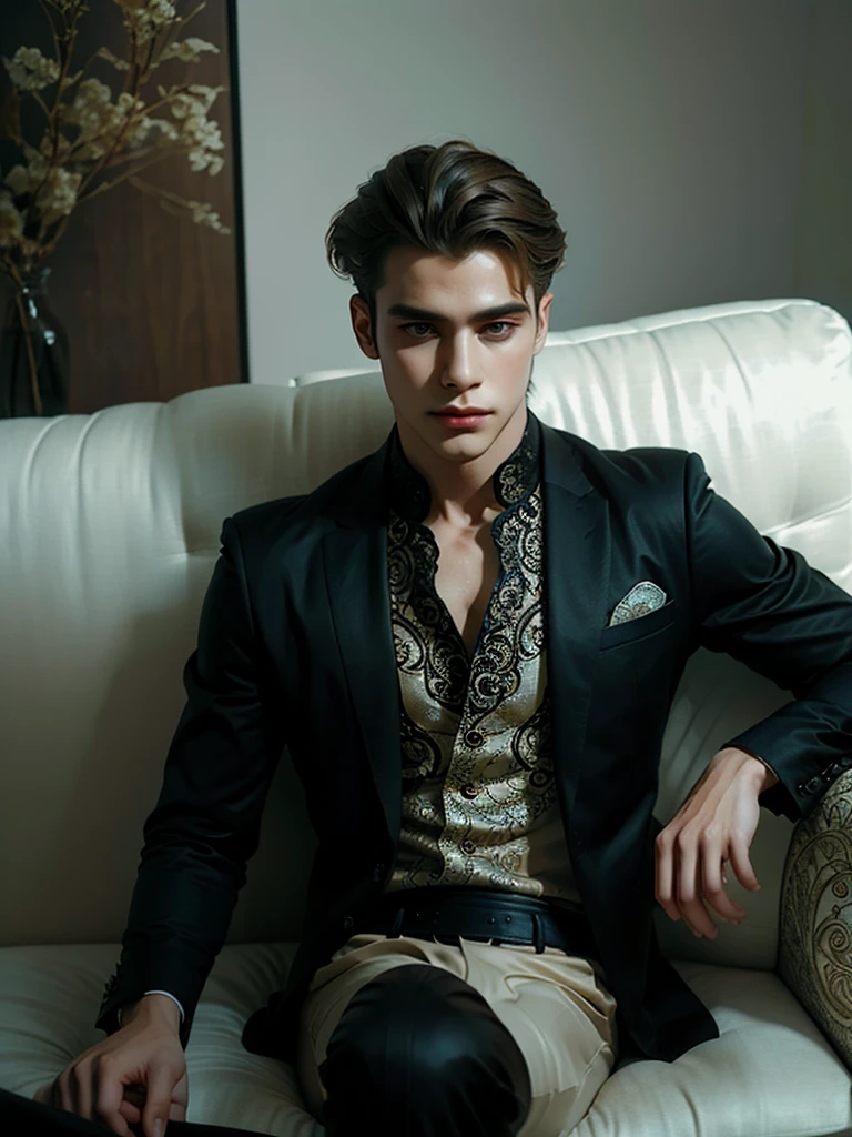 A handsome man with stylish hair and fashionable style costums, sitting on a sofa with elegant, high quakity, intricated detailed, ultra HD res