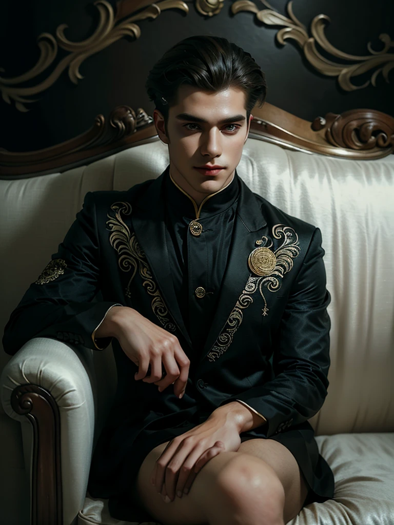 A handsome man with stylish hair and fashionable style costums, sitting on a sofa with elegant, high quakity, intricated detailed, ultra HD res