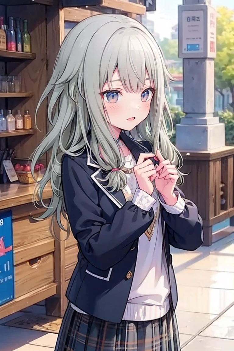 (8k, 最high quality)、Ultra-high resolution、Adorable、最high quality, beautiful, Absurd beauty、masterpiece、Best image quality、(Front facing)、good feeling、smile,Face the camera、Delicate eyes、smile、Small face、female、1 person、masterpiece, Most detailed、、blazer、skirt、 high quality、Shiny Hair、非常に細かくてbeautiful明るい目、Medium chest、nose blush、非常に精細でクリアでbeautiful顔, Awards, (Anatomically correct)、The whole body is visible、Focus on the face