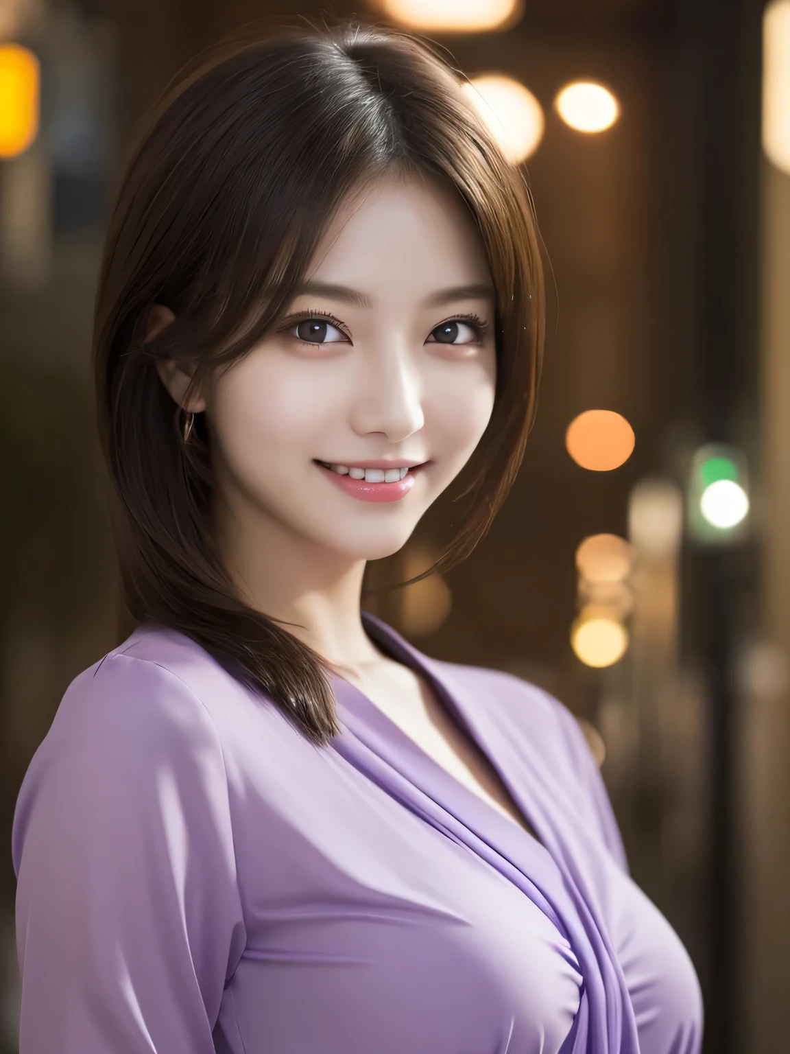 1girl in, (Wearing a purple blouse:1.2), (Raw photo, Best Quality), (Realistic, Photorealsitic:1.4), masterpiece, Extremely delicate and beautiful, Extremely detailed, 2k wallpaper, amazing, finely detail, the Extremely Detailed CG Unity 8K Wallpapers, Ultra-detailed, hight resolution, Soft light, Beautiful detailed girl, extremely detailed eye and face, beautiful detailed nose, Beautiful detailed eyes, Cinematic lighting, city light at night, Perfect Anatomy, Slender body, Smiling, Random body orientation,