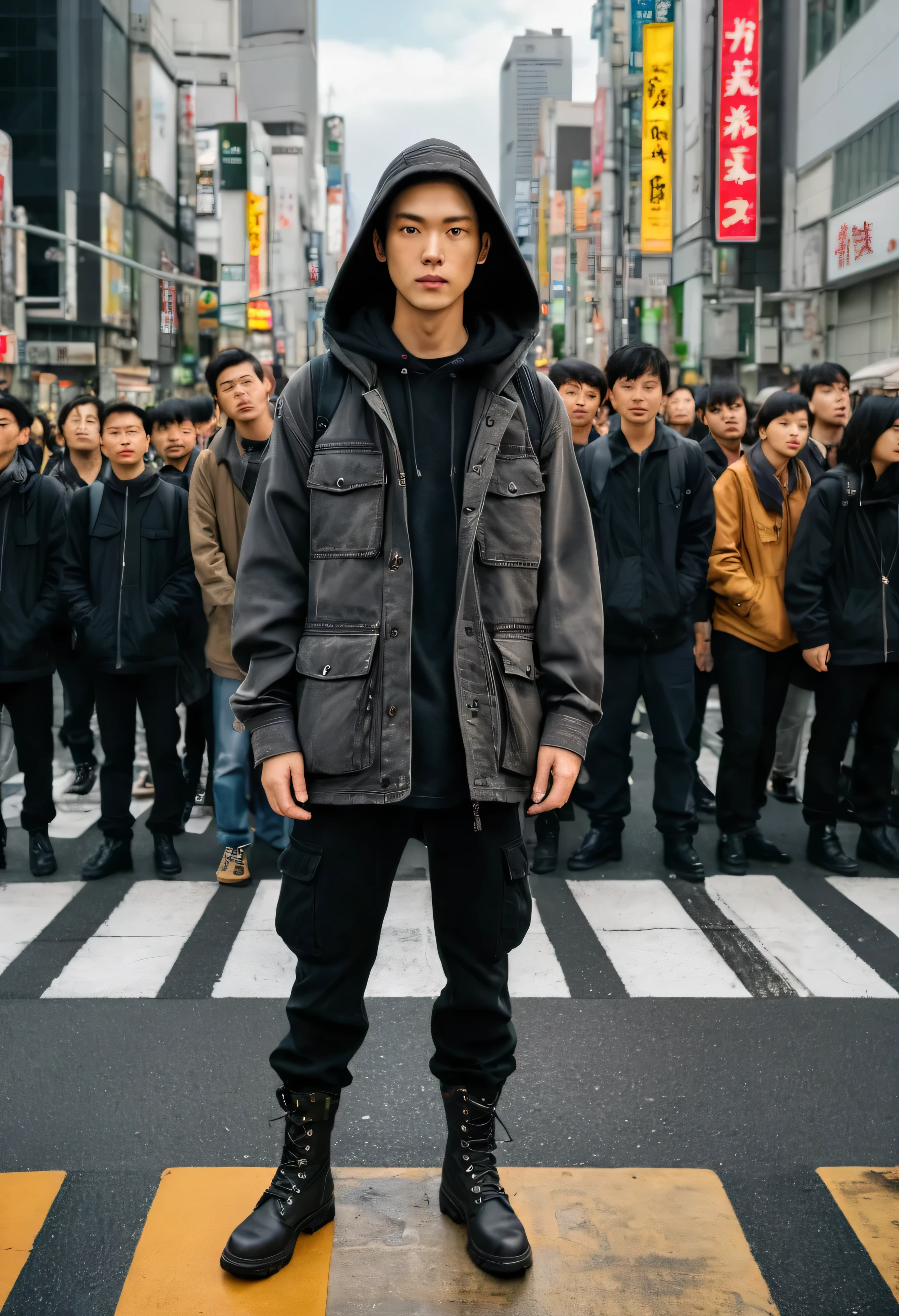Extremely high angle shot, Professional Model, Standard height, (Ratio of people to people 1:1) Stand in the center of a crosswalk inspired by the chaos of Shibuya, Staring into the camera, Wearing a black washed safari long jacket and a black hoodie, Black overalls, Dark gray boots, People wearing clothes of various colors, Crowded street realistic photo
