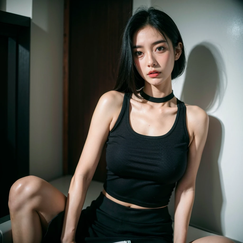 best quality, ultra high res, (photorealistic:1.4), 2girl, tanktop black shirt, black tight skirt, black choker, (faded ash gray hair:1), medium breasts, looking at viewer, closeup, (pretty face) , southeast asia girl.