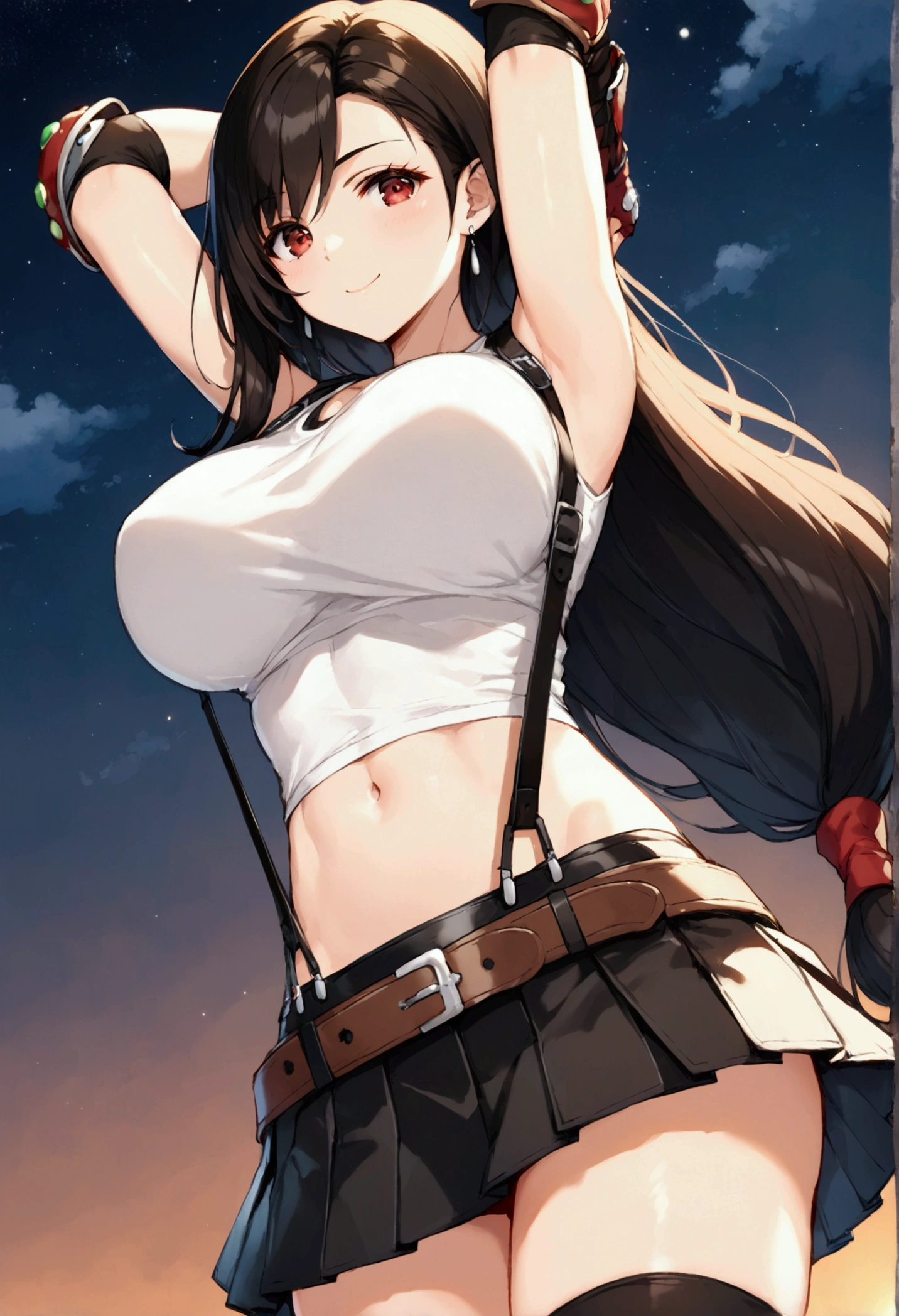 (score_9,score_8_up,score_7_up), masterpiece, best quality,
newest, recent, perfect anatomy,
official art, very aesthetic,tegaki, illustration,arms up, side pose,,,(upperbody) ,Solo,1girl, tifa lockhart, final fantasy,black hair, low-tied long hair, red eyes, bangs, (white tank top,gap),(High exposure,Belly exposure,the ribs),(belt, pleated skirt, thighhighs, elbow fingerless gloves, elbow pads, midriff, navel,suspenders.skirt),beautiful waist ,(large_breast:1.3),light smile,,,outdoor,star sky,night,