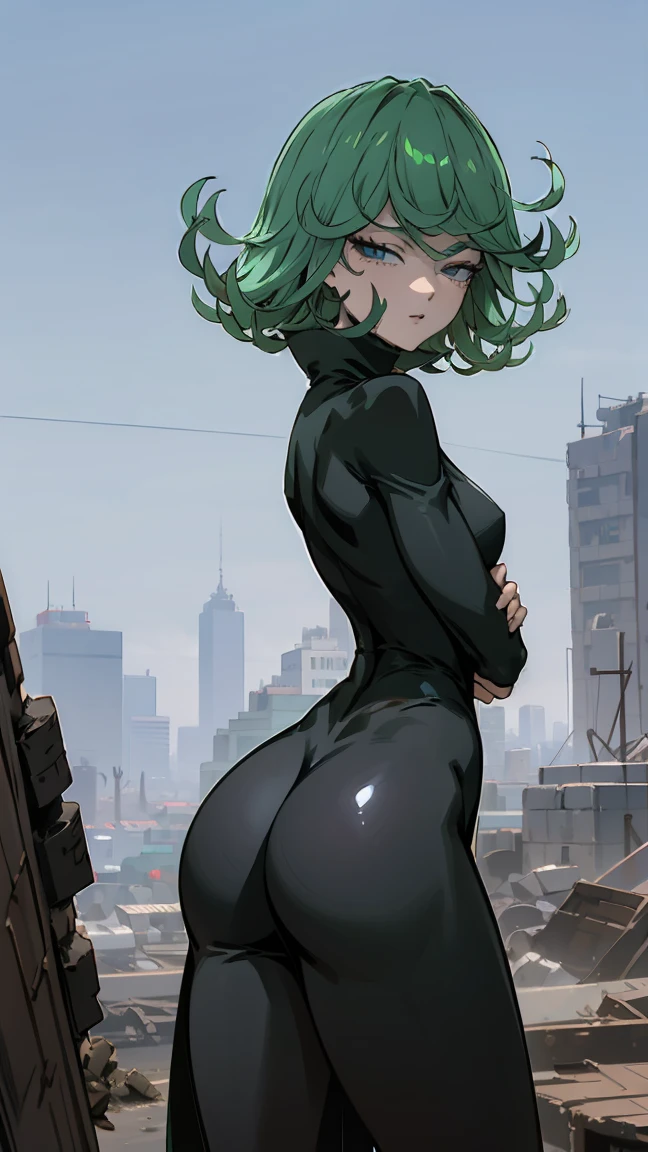 Anime art style, tatsumaki from one punch man, green hair, white skin, standing on destroyed city, cinematic lights, blushing cheeks, smilling, looking back at viewers, grabbing her ass, big booty, NSFW, back view, beautiful scenery. The dress is covering her ass