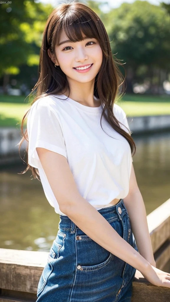 (8k、Highest quality、masterpiece、Ultra-high resolution、High resolution face:1.3)、Portrait、(20-year-old girl:1.3)、Bokeh Depth of Field、frontage、 The smile of a genius、Ultra-detailed、Ultra-high resolution、(Realistic、Realistic photos:1.37)、High-resolution RAW color photos、Professional photography、hVery detailed and beautiful、Very detailed、8k画像壁紙、Incredibly detailed、Large file size、Official Art、HVery detailed CG Unity 8k wallpapers、hVery detailed beautiful girl、Very detailed顔、Very detailed目、Very detailed皮膚、Very detailed指、hVery detailed nose、Very detailed詳細な口、Perfect Anatomy、HVery detailed clothing、1 girl、(18:1.2)、Teen、cute、Famous Japanese Idols、cute、Realistic body、、White skin、Glowing Skin、The body is slim、Handsome body、Brown haired、(Blunt bangs:1.2)、Classic wavy long hair、 (Hmph:1.3),Laughter、cute、Zola々right、cute faces、A vivid face、Delicate eyes、Source Order、White T-shirt、Skirt、Looking into the camera、Cowboy Shot、Along the River、Positive、Contrapo、public
