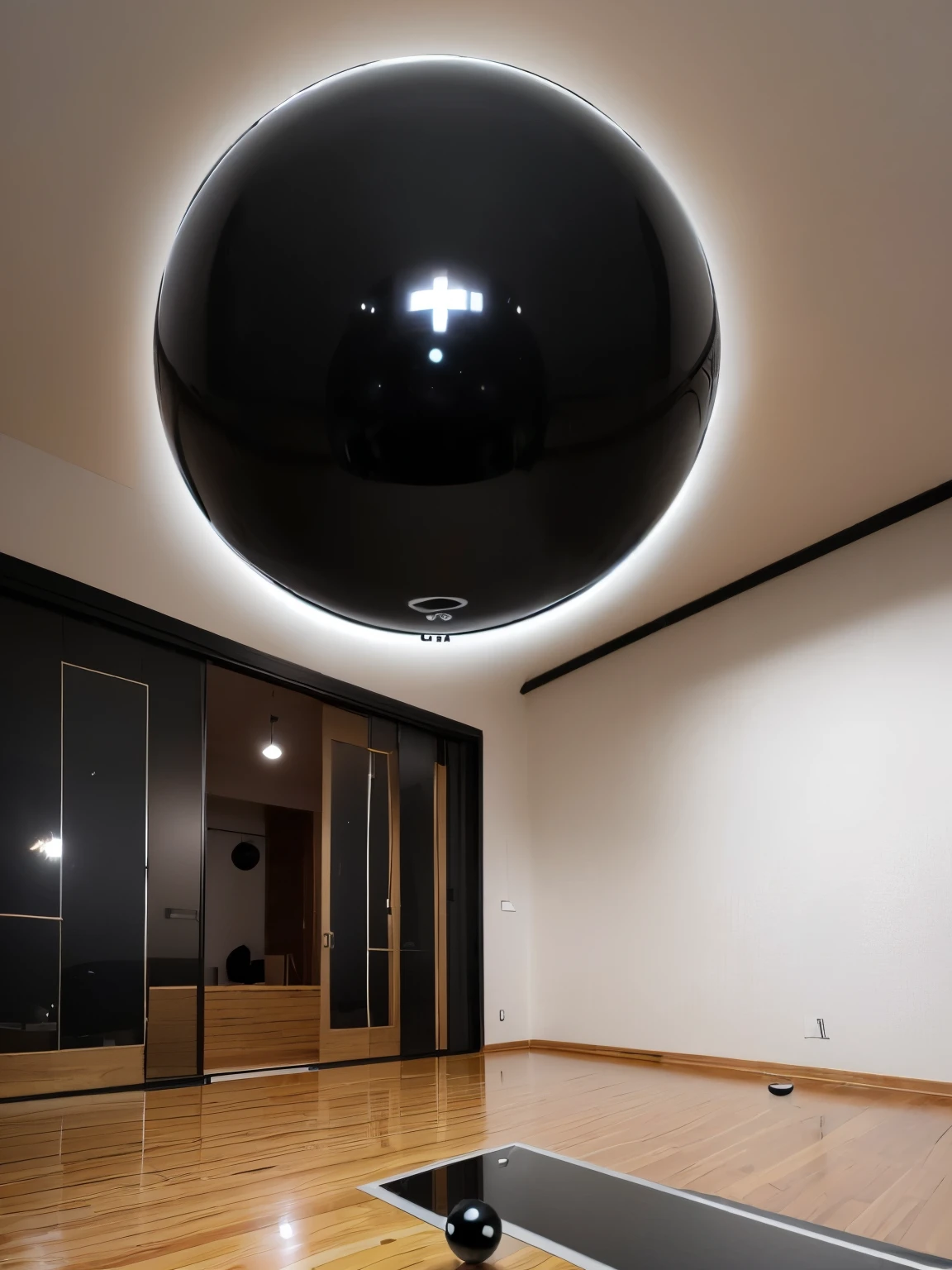 (masterpiece:1.1, Best Quality:1.1), (Photorealistic:1.3), (Bokeh), (High resolution, 8K wall paper), professional lighting, cinematic lighting, ((in the apartment room, rectangle room, no furnitures:2.0, wooden floor, white walls)), ((((night view via glass door)))), standing, (((((ultra mega size of balance black ball, ultra large black balance ball, ultra huge size of black balance ball, in the room))))),