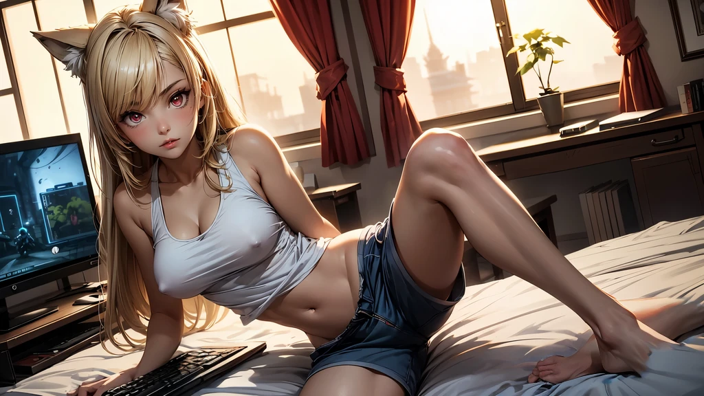 Create a high-quality image of a stunning 18-year-old wolf girl with tan skin. She has long blonde hair and captivating red eyes, wearing a see-through blue tank top that shows her midriff barely covers her nipples and tight sleep shorts. She is sitting on the edge of her bed in a dimly lit, gaming bedroom with the window open, letting in a gentle night breeze. Her posture is alluring, with one leg bent up and the other stretched out, facing the camera seductively. The room is decorated with modern nerdy items, showcasing her love for video games and anime, including a high-end gaming PC, sleek gaming desk, ergonomic gaming chair, and the latest gaming console, as well as stylish anime posters and figurines. The overall ambiance is cozy and intimate, with intricate details enhancing the high-quality visual artistry.