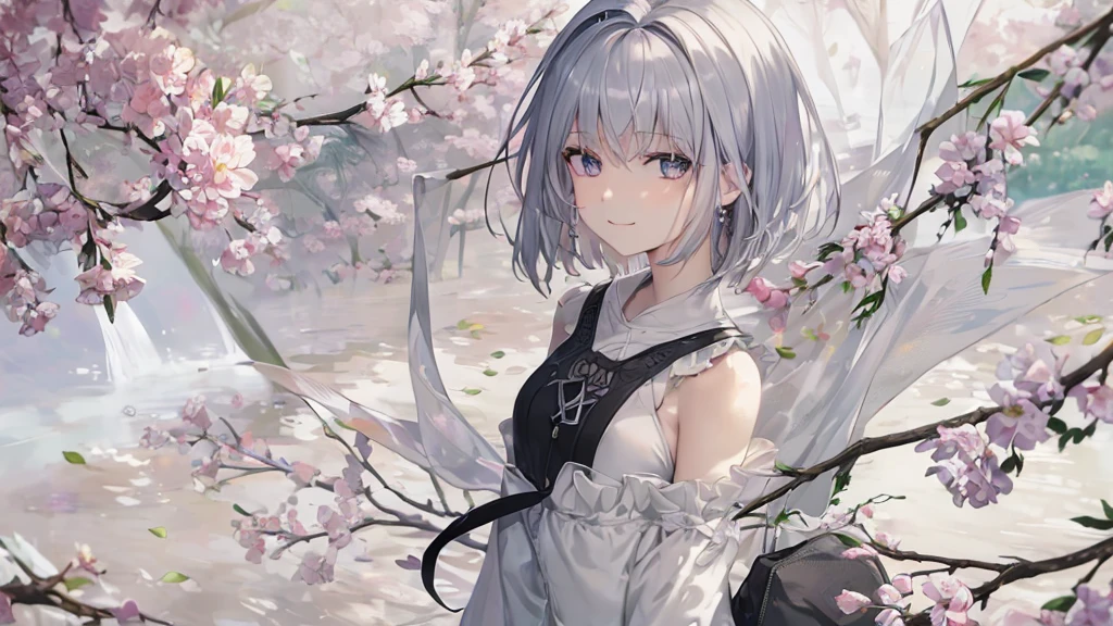 Ultra HD,Look at the viewers, Put your hands behind your back, With a girl, 20-year-old, 非常にShort Hair, Long bangs between the eyes, Pale blue eyes, Very detailed,(masterpiece、Highest quality),Gray Hair、Laughter、Fantastic, Silver Hair, Iris, Short hair、 Fluttering Hair、Small Face、明るいsmile、(Detailed face) ,Professional Lighting,Wonderful landscape,blue sky, sunlight,Looking down from above,Portraiture、Open your mouth、Flower Field、Her eyes were shining、Mysterious and enchanting atmosphere。With AI Painting、とてもShort Hair, Long bangs between the eyes, Very detailed,(masterpiece、Highest quality)、alone、Gray Hair、Fantasy, Silver Hair, Fantasyな風景、smile、Open your mouth、short hair、Short Hair、hairpin、black eye、Grey Eyes、Beautiful Eyes、Black Shirt、White hoodie