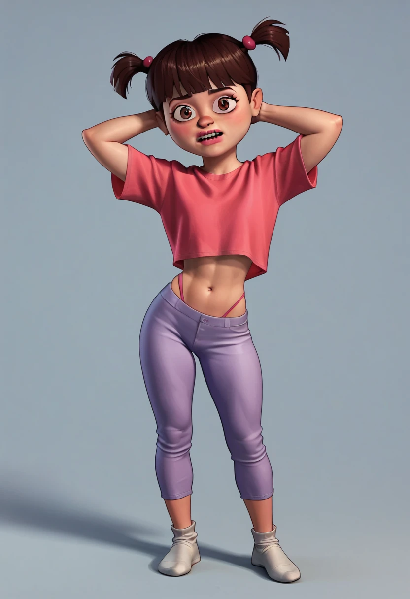 Boo (monsters inc,) for  DisneyStyleXLP, 1girl, brown hair, brown eyes, twintails, tight bikini  kid bangs, pink shirt,