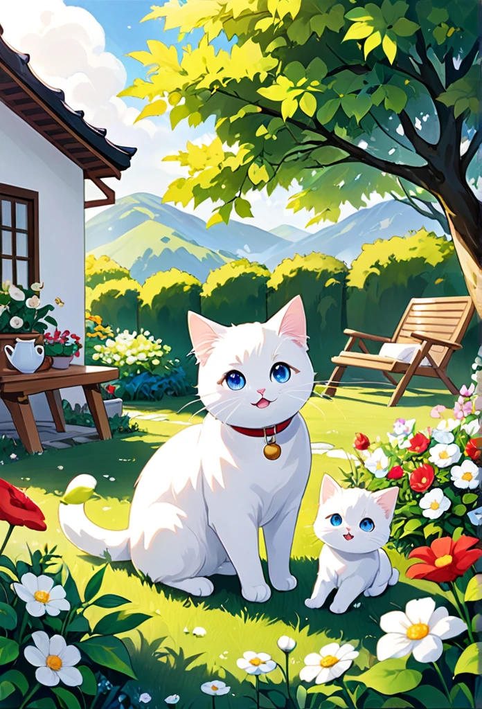 Milk, the white cat who overcame illness、Scenes for enjoying a new daily routine。Milk is playing happily in the garden、I enjoy spending time with my family。She enjoys the adventure of new places、I feel stronger than before。Please draw a picture of Milk and his family full of happiness.。