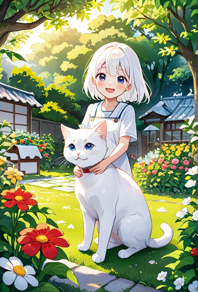 Milk, the white cat who overcame illness、Scenes for enjoying a new daily routine。Milk is playing happily in the garden、I enjoy spending time with my family。She enjoys the adventure of new places、I feel stronger than before。Please draw a picture of Milk and his family full of happiness.。