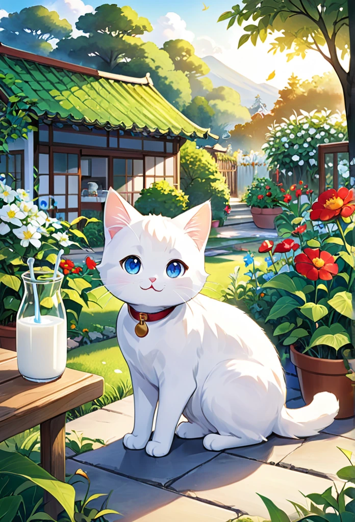 Milk, the white cat who overcame illness、Scenes for enjoying a new daily routine。Milk is playing happily in the garden、I enjoy spending time with my family。She enjoys the adventure of new places、I feel stronger than before。Please draw a picture of Milk and his family full of happiness.。