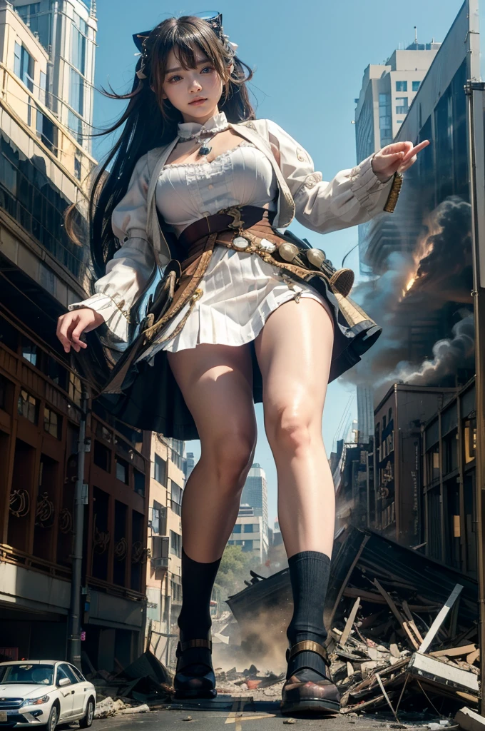 Fisheye Lens、looking at the camera、steampunk、Standing on top of a ruined building、Big building explosion、The building collapses、Urban hustle and bustle、Traffic jam、City of Rubble、street tree、Car and bus、truck、taxi、City boulevard、Pedestrian bridge、Streetcar route((((Azur Lane Cheshire Cosplay))))、Frilled maid outfit、（(Super huge breasts)）、（(Plump thighs)）、Ground View，City of Giants,500 foot tall giant girl，skyscraper,Has super long legs,Step into the crowd，There are many people on the street,Knee-high socks，A happy look，Standing on the ruins，Beautiful appearance，Exquisite makeup，quality，8k，高quality，Perfect Proportions, Cinema Lighting，Film Grain，The Colors of Fuji，8k，Textured skin，Super Detail，High detail，high quality，High resolution，explode，False Smile、Reaching out
