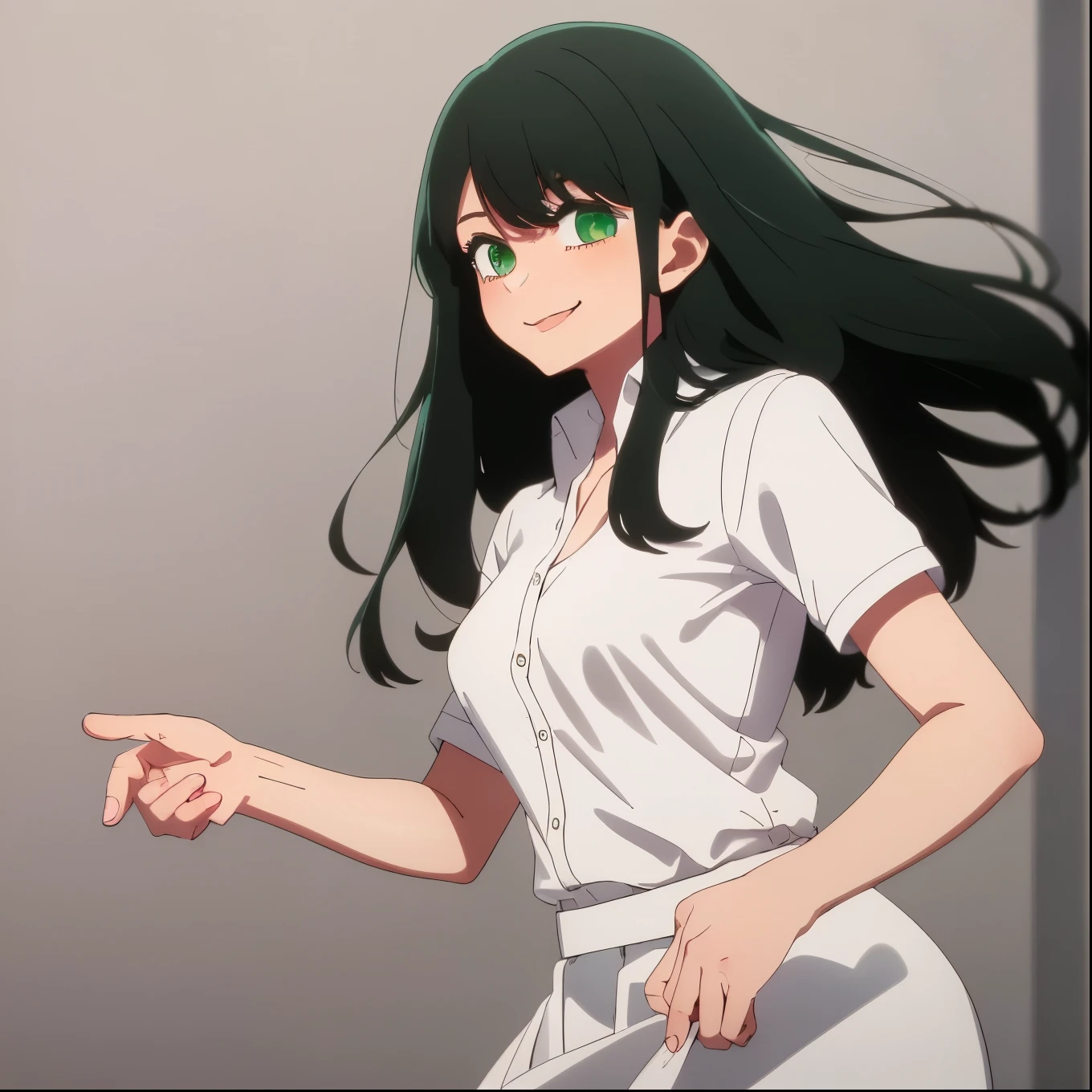 ((masterpiece, best quality)), (1girl), (solo), (female focus), (dark green hair, long hair), (green eyes), light smile, closed mouth, ((white shirt), (buttoned shirt), ((black skirt), (short skirt)), standing, white background, dynamic angle, 25 year old woman