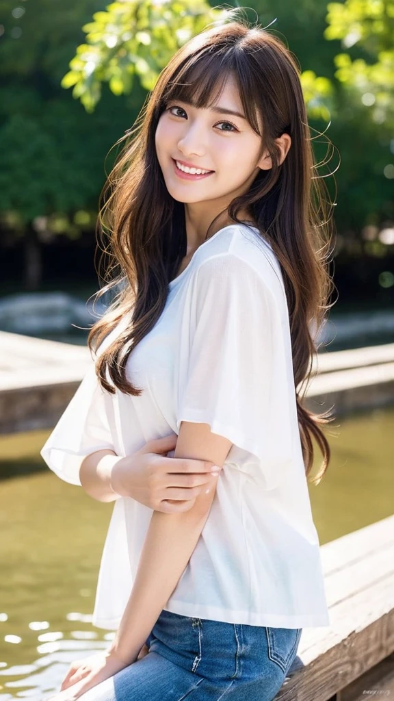 (8k、Highest quality、masterpiece、Ultra-high resolution、High resolution face:1.3)、Portrait、(20-year-old girl:1.3)、Bokeh Depth of Field、frontage、 The smile of a genius、Ultra-detailed、Ultra-high resolution、(Realistic、Realistic photos:1.37)、High-resolution RAW color photos、Professional photography、hVery detailed and beautiful、Very detailed、8k画像壁紙、Incredibly detailed、Large file size、Official Art、HVery detailed CG Unity 8k wallpapers、hVery detailed beautiful girl、Very detailed顔、Very detailed目、Very detailed皮膚、Very detailed指、hVery detailed nose、Very detailed詳細な口、Perfect Anatomy、HVery detailed clothing、1 girl、(18:1.2)、、cute、Famous Japanese Idols、cute、Realistic body、、White skin、Glowing Skin、The body is slim、Handsome body、Brown haired、(Blunt bangs:1.2)、Classic wavy long hair、 (Hmph:1.3),Laughter、cute、Zola々right、cute faces、A vivid face、Delicate eyes、Source Order、White T-shirt、Skirt、Looking into the camera、Cowboy Shot、Along the River、Positive、Contrapo、public