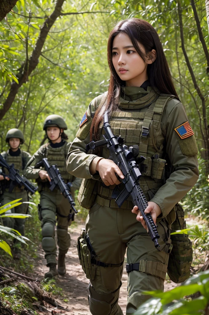 A female military commander leads a squad of soldiers through a lush mangrove forest、Standing with arms folded and legs apart、Beautiful and detailed eyes、Beautiful and detailed lips、Extremely detailed eyes and face、Long eyelashes、armored suit、Tactical equipment、A determined look、Soldiers passed by her side.々Start running、Jungle Foliage、Dense mangrove trees々、Sunlight shining through the treetopuddy terrain、A meandering river、Cloudy、Cinematic照明、creates a dramatic影、high quality、8k、Super fine、Photorealistic、masterpiece、Cinematic、Spectacular、creates a dramatic、alen4_kryukova