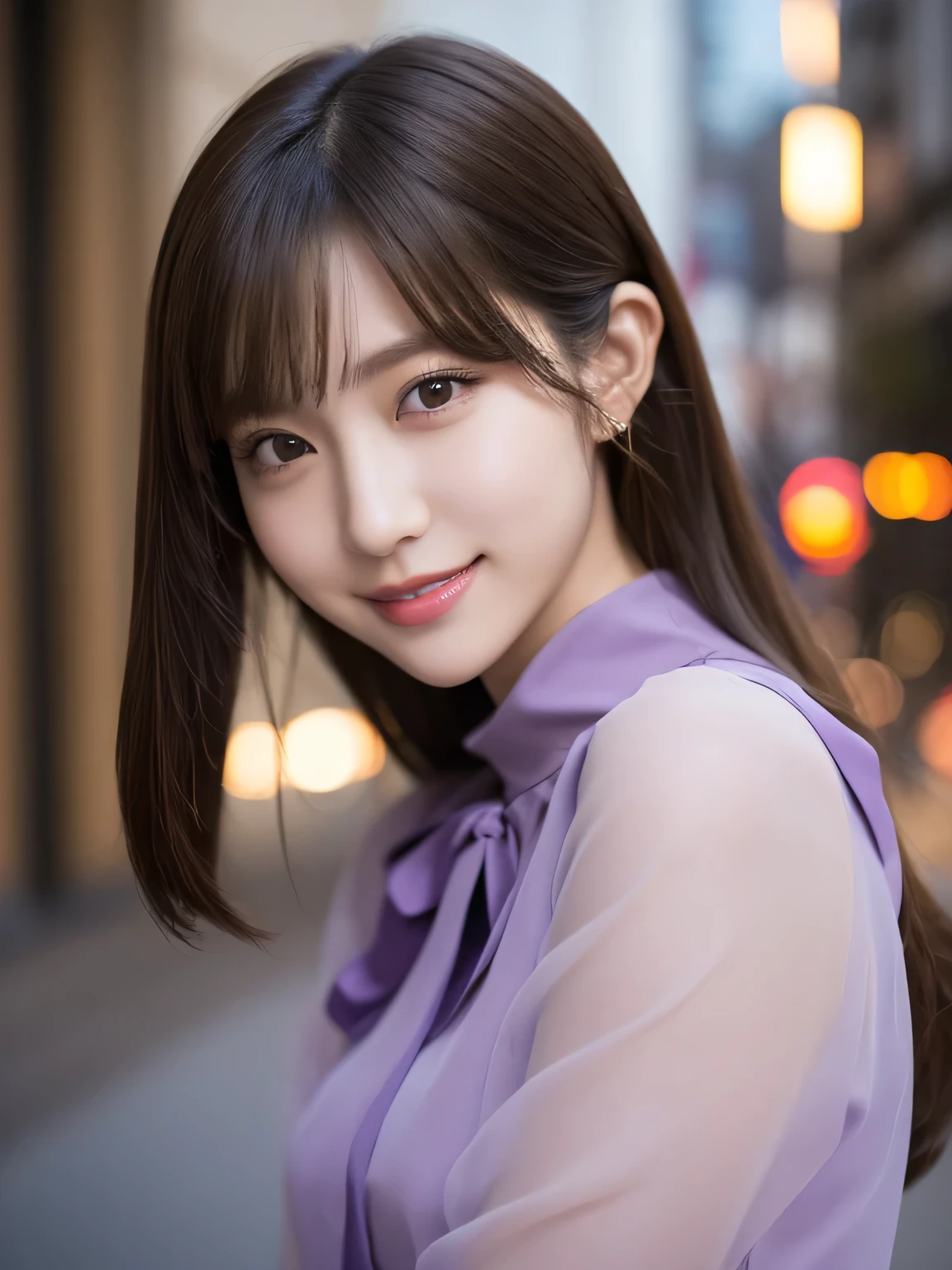 1girl in, (Wearing a purple blouse:1.2), (Raw photo, Best Quality), (Realistic, Photorealsitic:1.4), masterpiece, Extremely delicate and beautiful, Extremely detailed, 2k wallpaper, amazing, finely detail, the Extremely Detailed CG Unity 8K Wallpapers, Ultra-detailed, hight resolution, Soft light, Beautiful detailed girl, extremely detailed eye and face, beautiful detailed nose, Beautiful detailed eyes, Cinematic lighting, city light at night, Perfect Anatomy, Slender body, Smiling, Random body orientation,