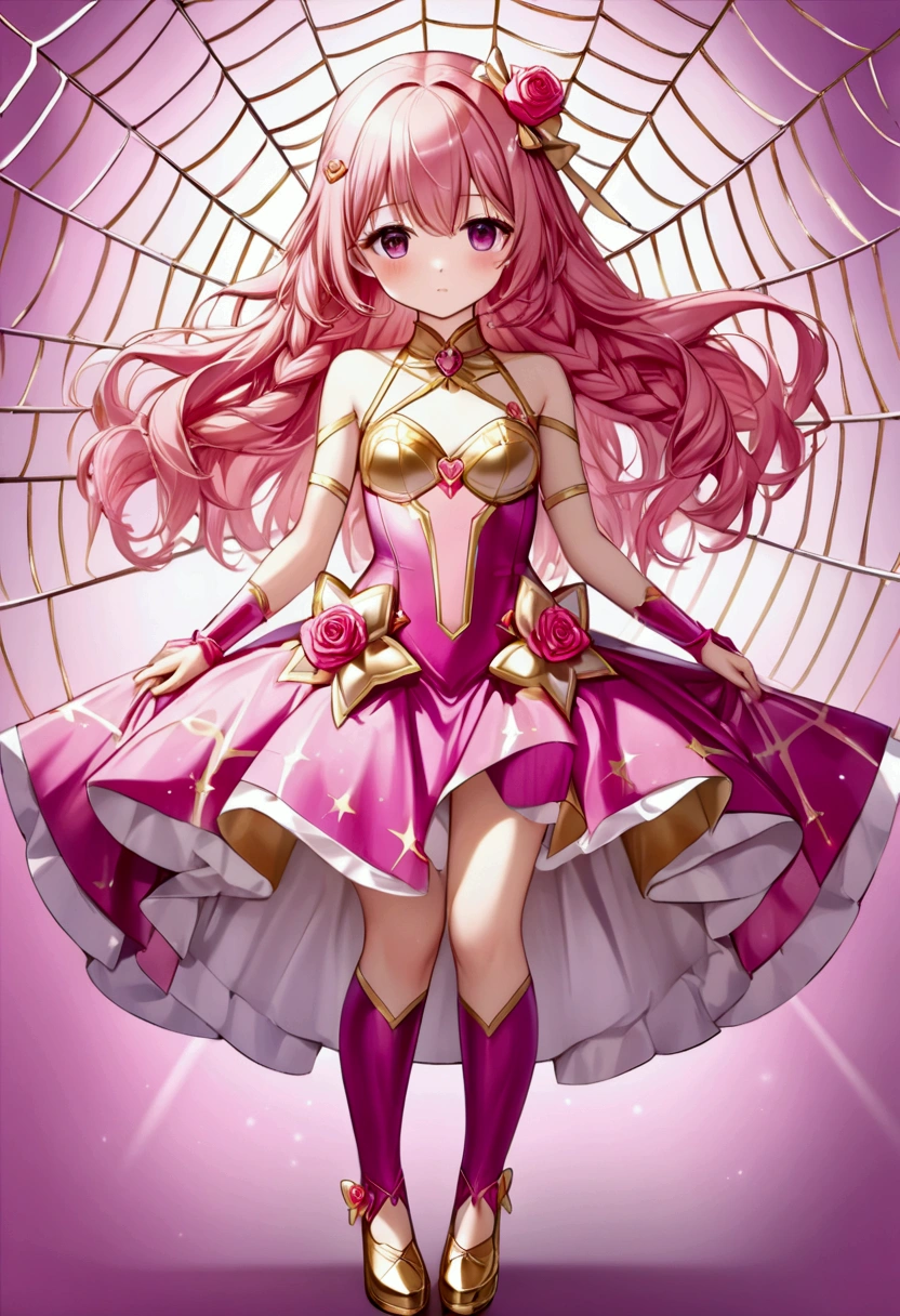Create an anime-style girl with (((deep magenta eyes and long, wavy pink hair))) ((styled in an elegant frenchbraid)). (((She is slender, and with small breasts))). ((Ensure a full-body shot of her)) wearing a (((pink, gold, and rose gold color magical girl-themed outfit.))) ((The outfit features a spider and spider web theme.)) The overall look is regal and ethereal, with magical glowing effects. cutesexy, purinpuon pixiv, no future, a hyperrealistic , hyperrealistic , realistic , seductive (anime girl), smooth anime cg art, beautiful alluring anime teen, (purinpuon pixiv), ((magical girl)), (masterpiece), best quality, expressive eyes, perfect face ((Highest quality))、((8K))、(((8k wallpaper))) ((Full Body Shot: 1.5))、ultra detailed, masterpiece, best quality, solo ((purinpuon pixiv, no future)) (((purinpuon pixiv, no future)))