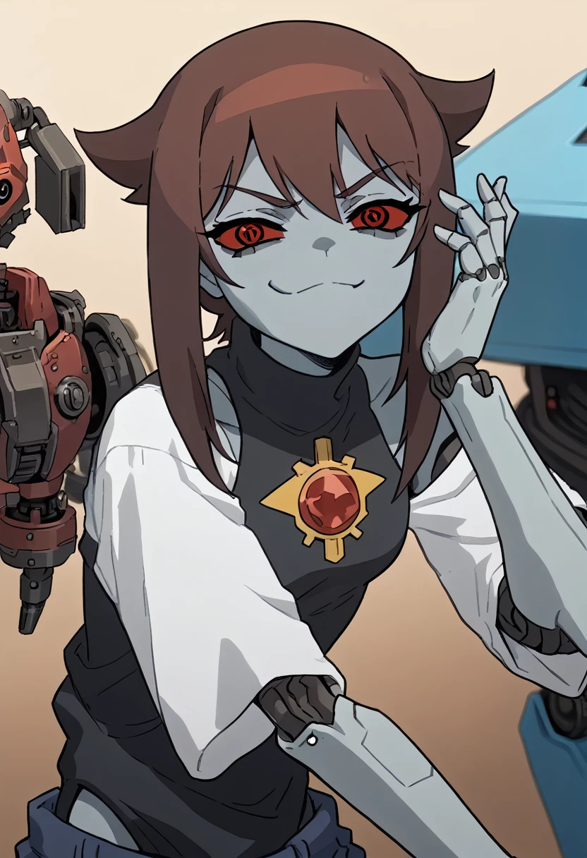 (Anime, 1girl, brown hair, grey eyes, dark punk clothes, punk clothes, portrait, Robot girl, Mecha, Android, joint limbs, robot joints, facial joints, metal pale skin, black sclera, no mouth, glowing eyes, no face, smug face), score_9, score_8_up, score_7_up