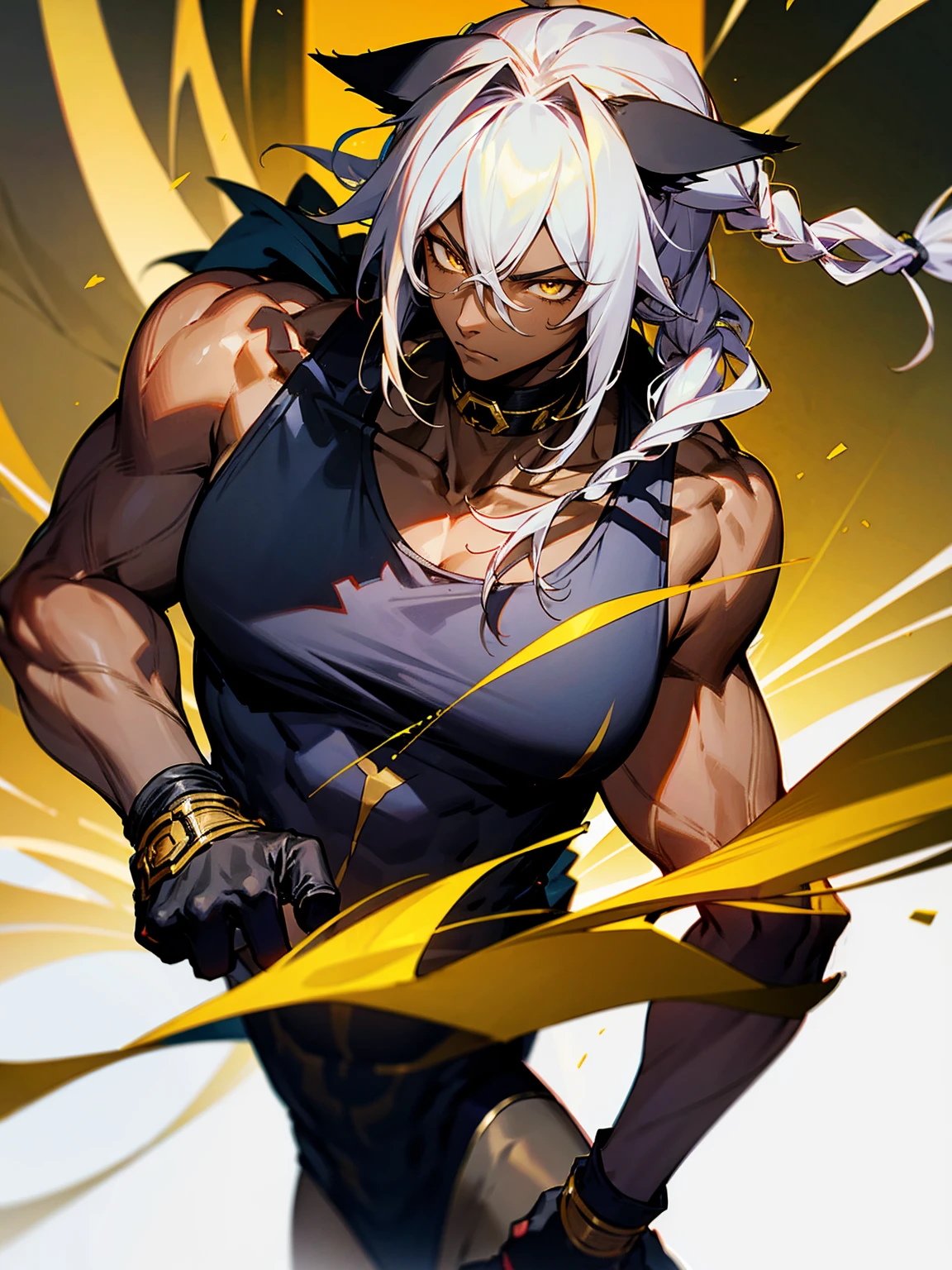 1male, darkskin, dreads, tank top, lean build, gold eyes, black super suit, wolf ears, serious, gloves
