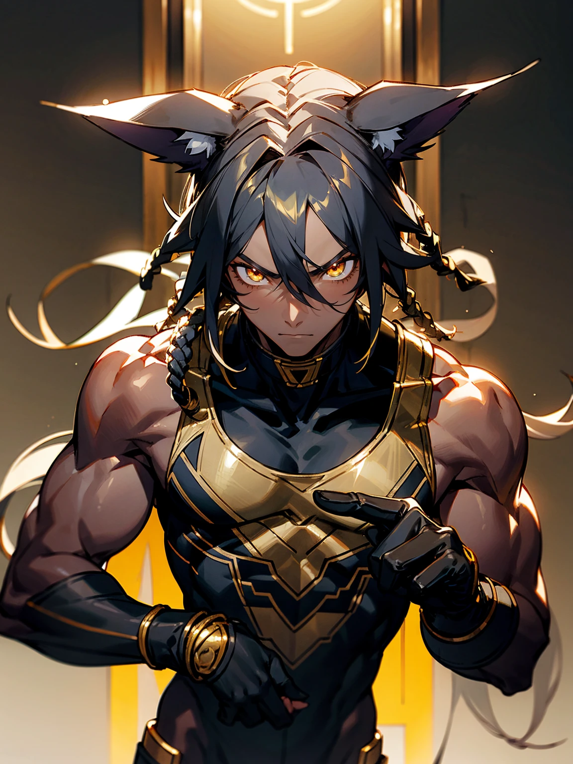1male, darkskin, dreads, tank top, lean build, gold eyes, black super suit, wolf ears, serious, gloves