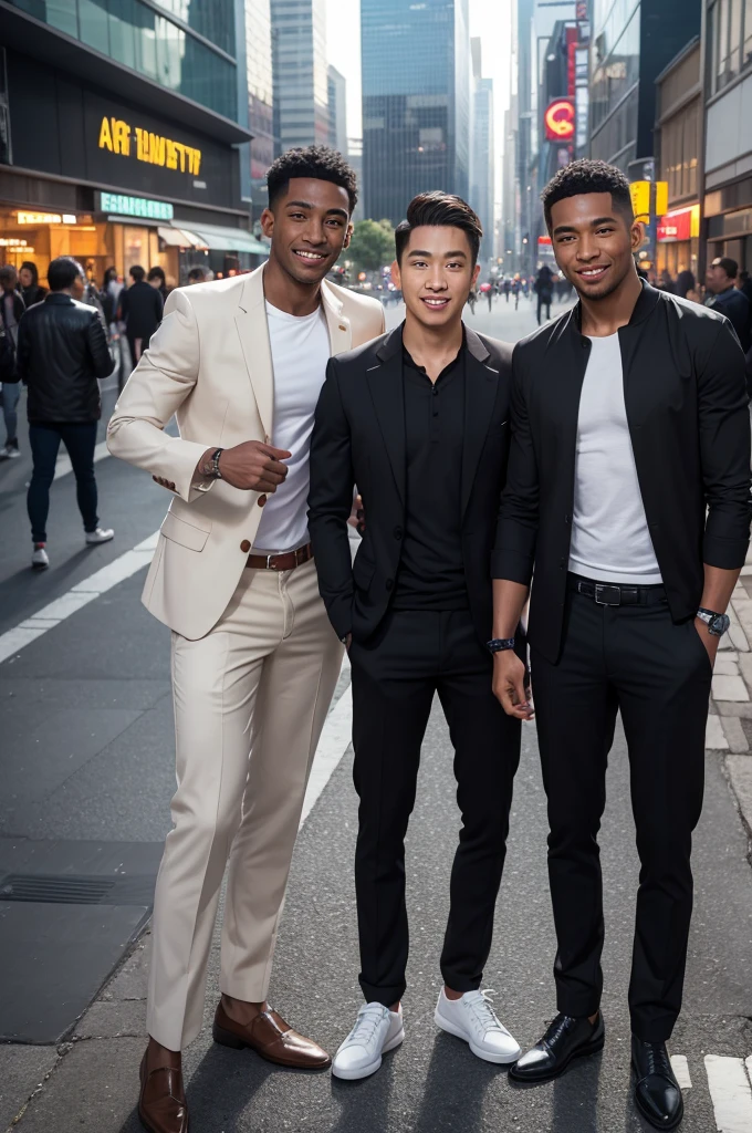 Men of different ethnicities posing for photos, casually dressed, in a modern urban environment. The scene must include three men in dynamic positions, with smiles and confident expressions, captured in a natural and relaxed moment. The background should show a busy street with tall buildings and neon lights, reflecting a vibrant big-city atmosphere