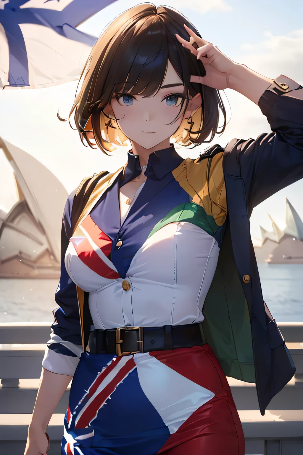 (((Australian flag-inspired outfit:1.3))),(((Woman in men's clothing:1.3))),(Federation Star),(masterpiece,Highest quality,Ultra-high resolution output images,Write boundary depth,Intricate details,Adding dimension to your subject with the contrast of light and shadow,Anatomically correct facial structure),(Picture Mode Ultra HD,)